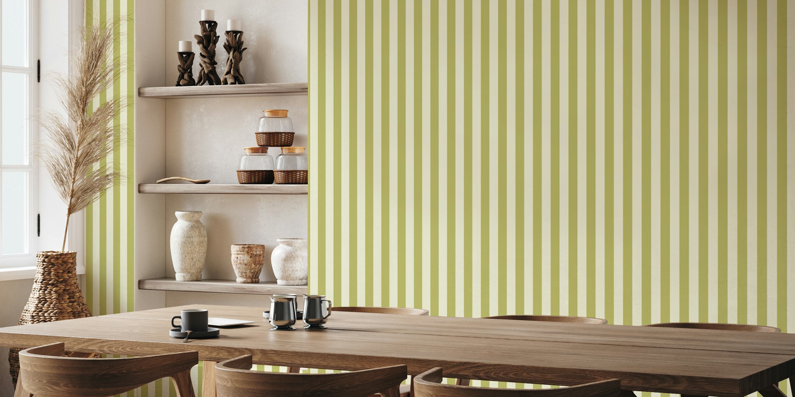 Olive green striped wallpaper with soft beige background