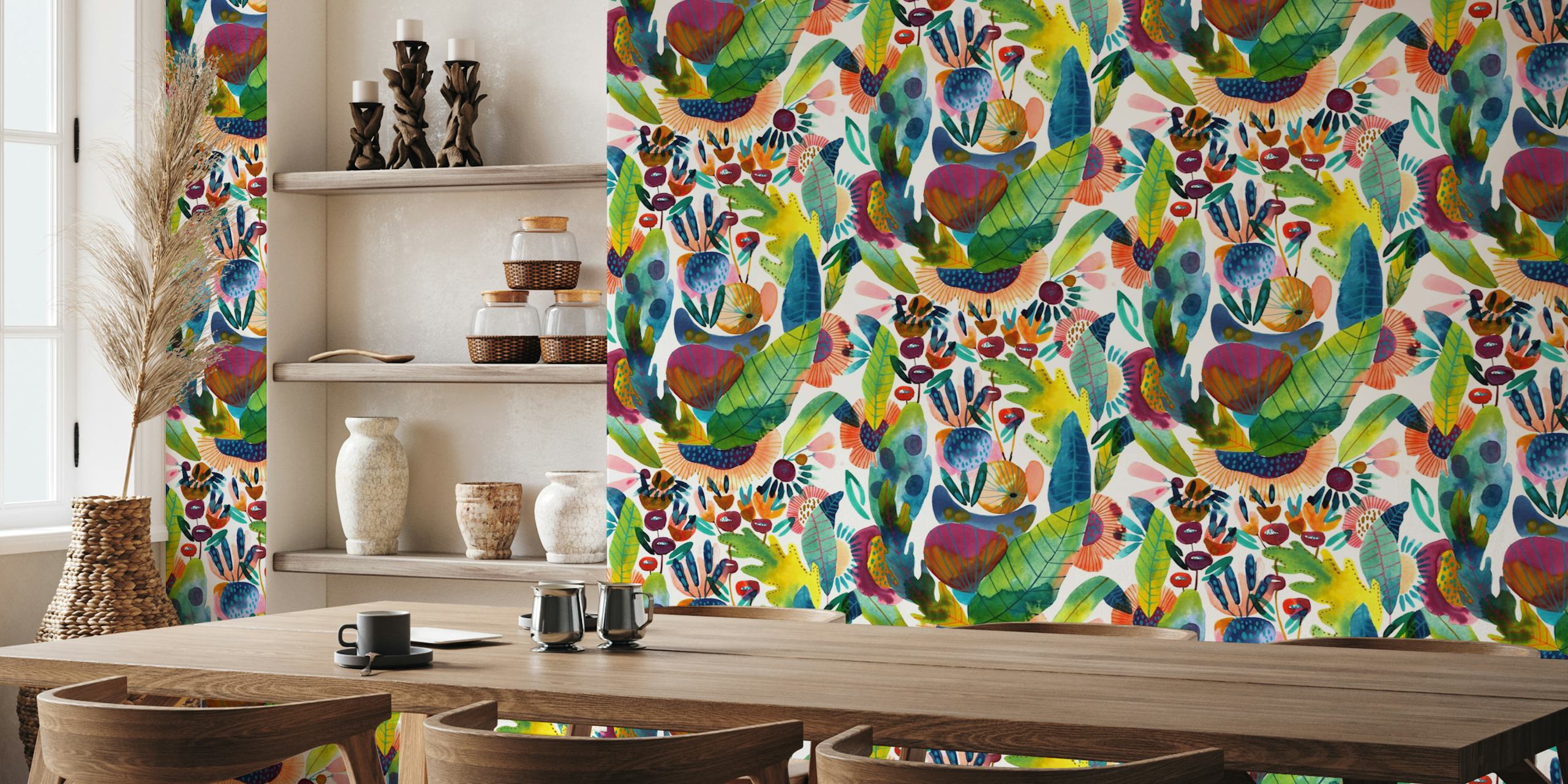 Colorful floral foliage in green, pink, blue hues wallpaper