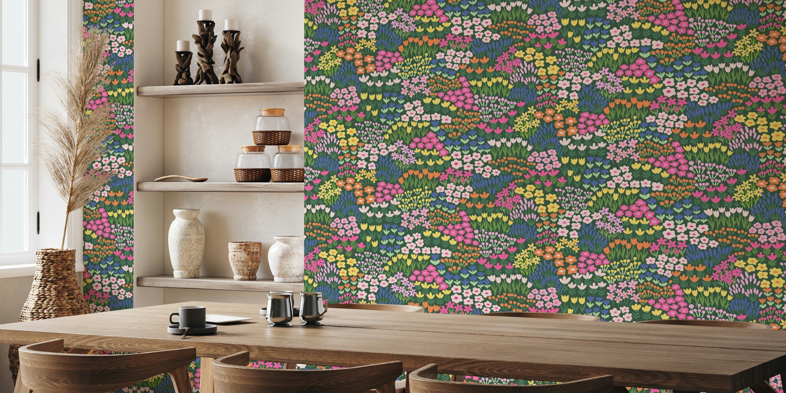 Colorful flower garden wallpaper in a room