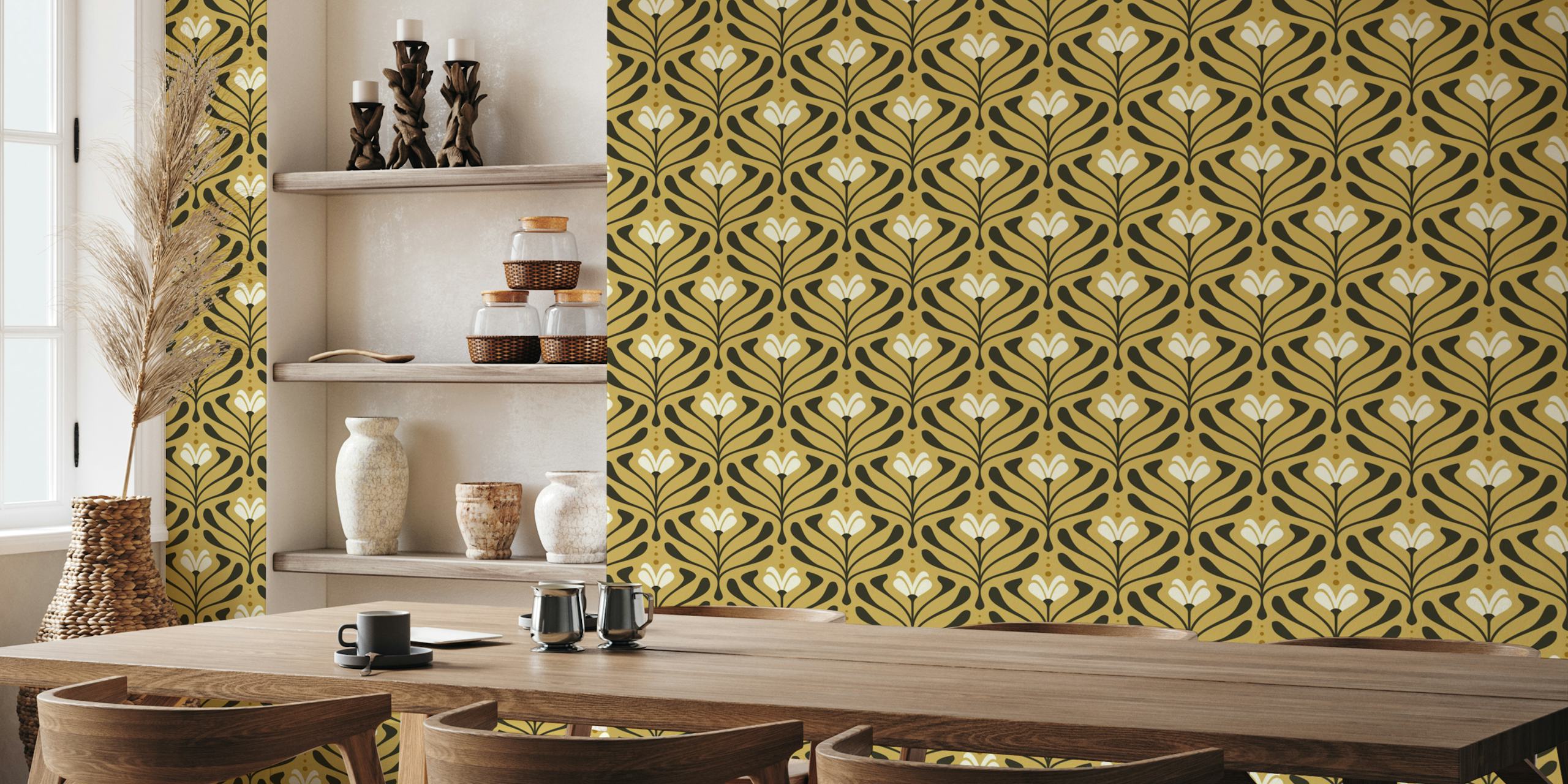 Floral pattern in black and gold colors, vintage style wallpaper