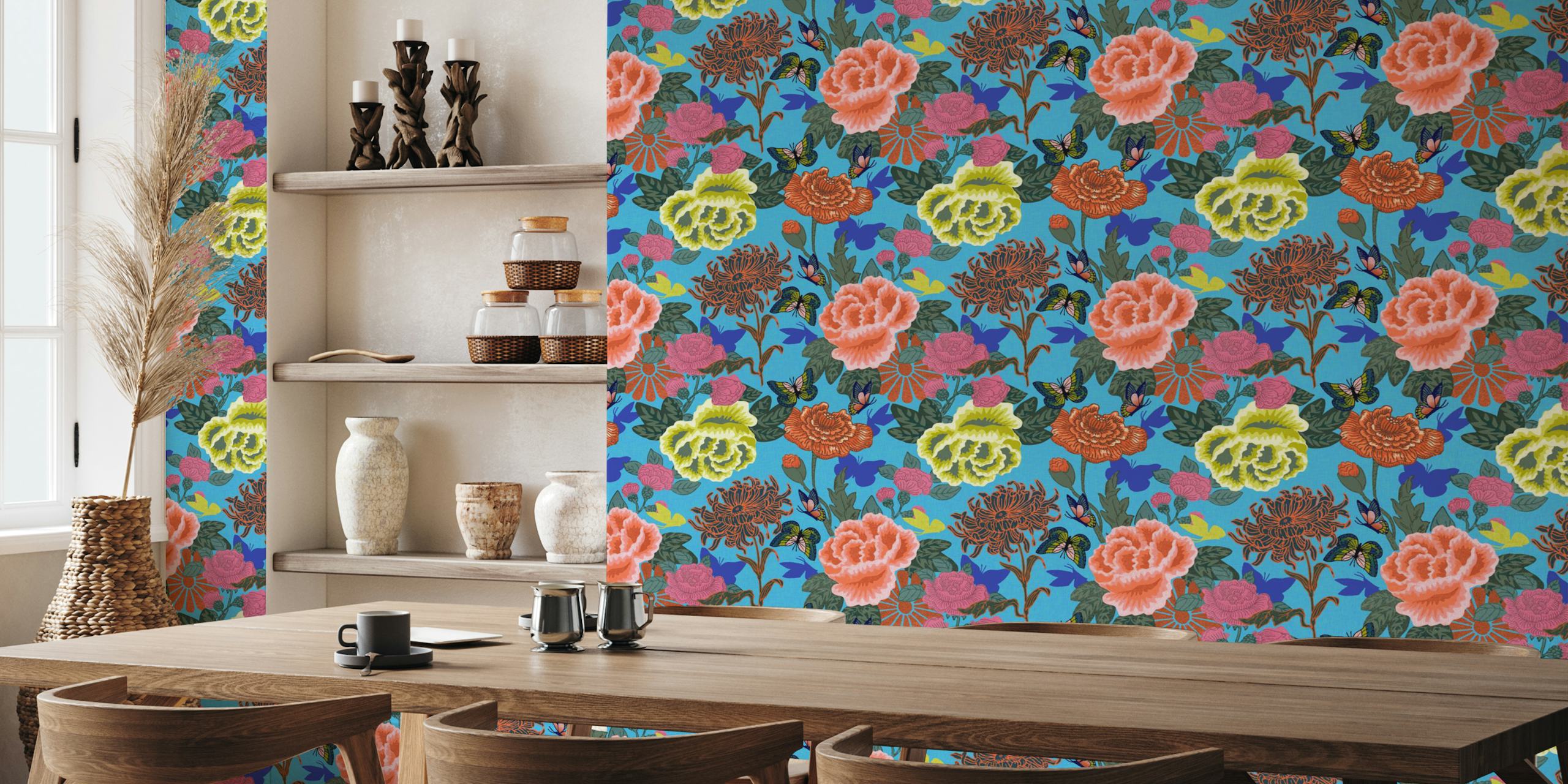 Blue floral chinoiserie wallpaper with butterflies