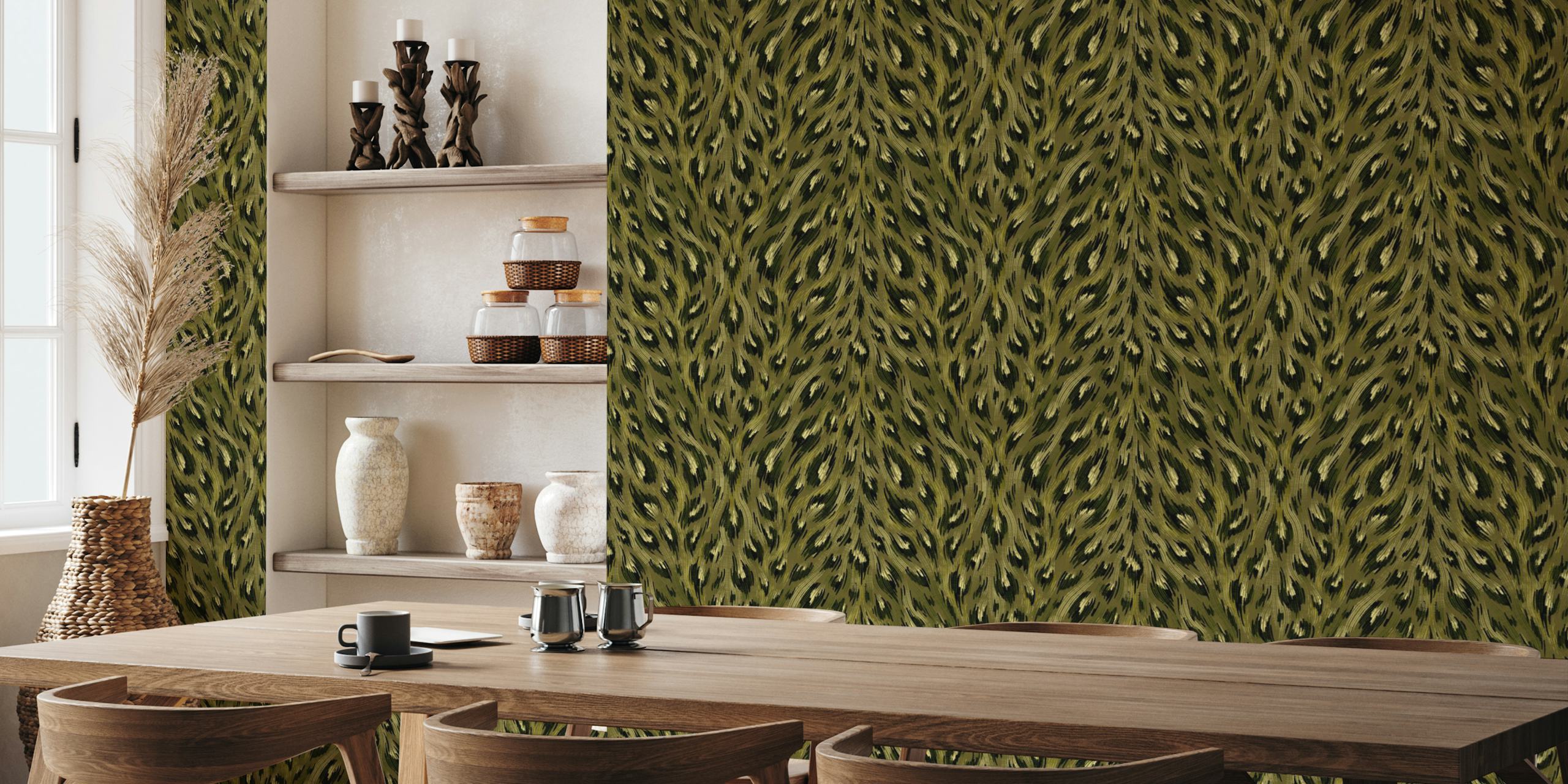 Olive green leopard print wallpaper in a room