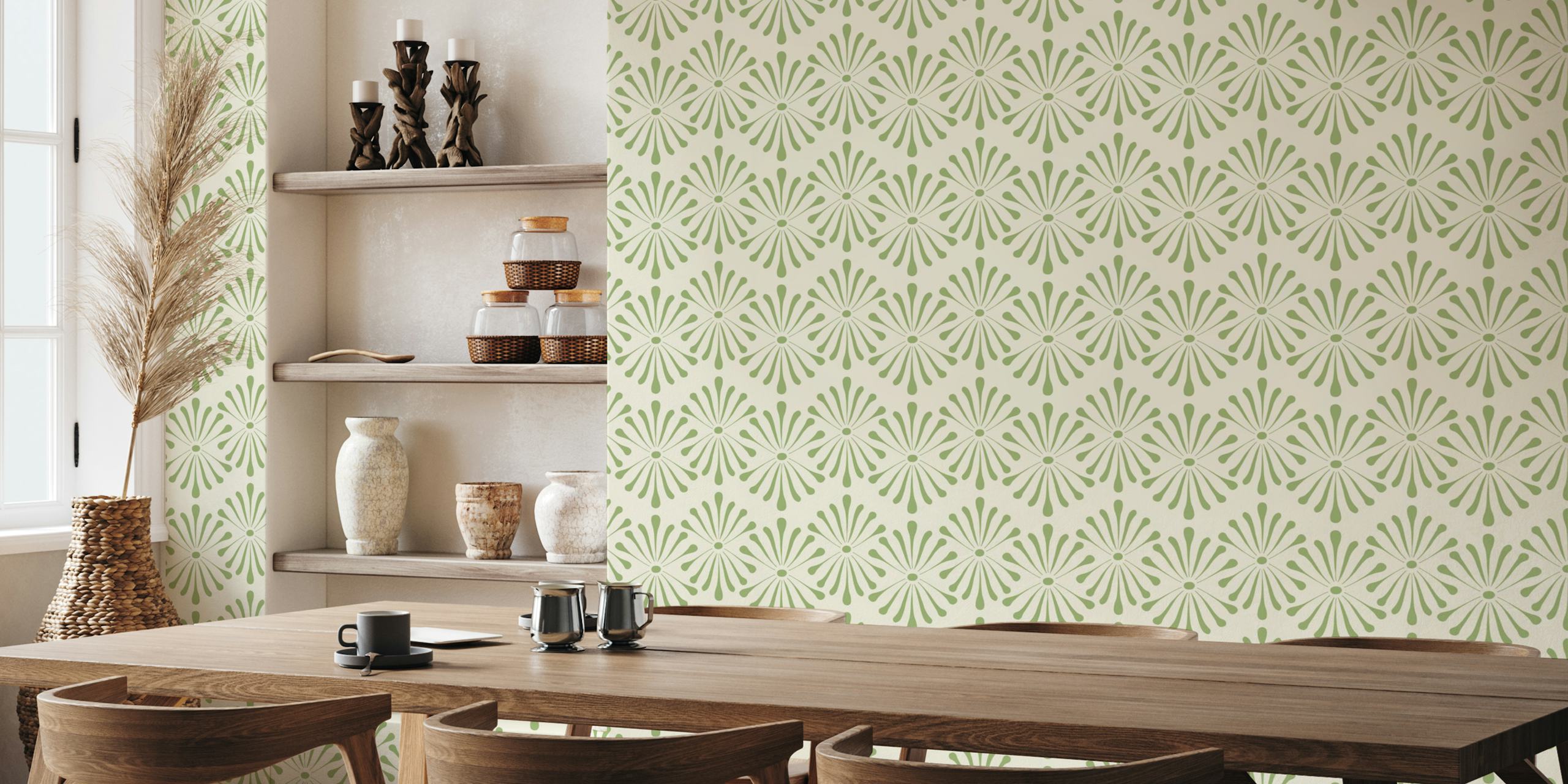 Abstract Floral Beige Green wallpaper in a room