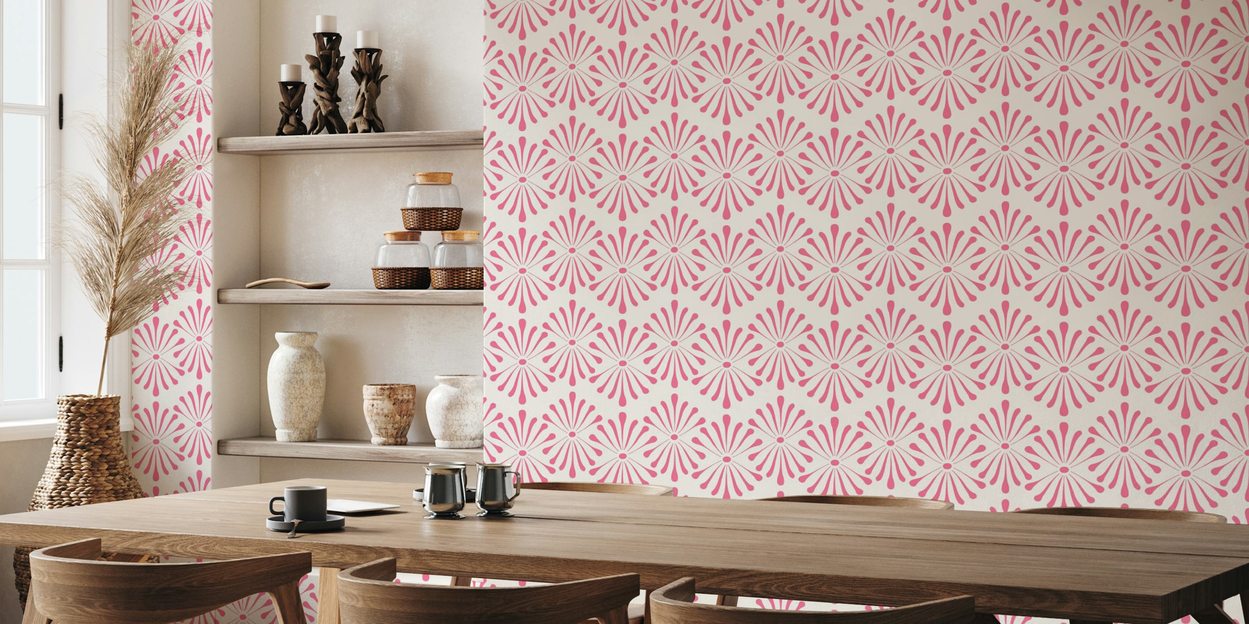 Pink floral pattern on beige background wallpaper