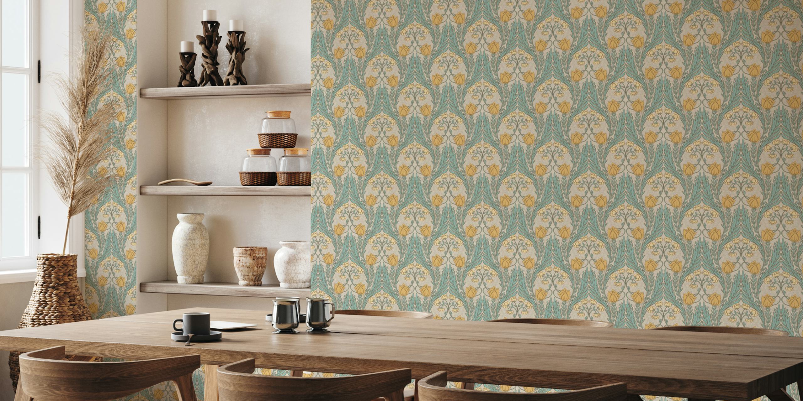 Yellow tulip floral pattern wallpaper with green leaves