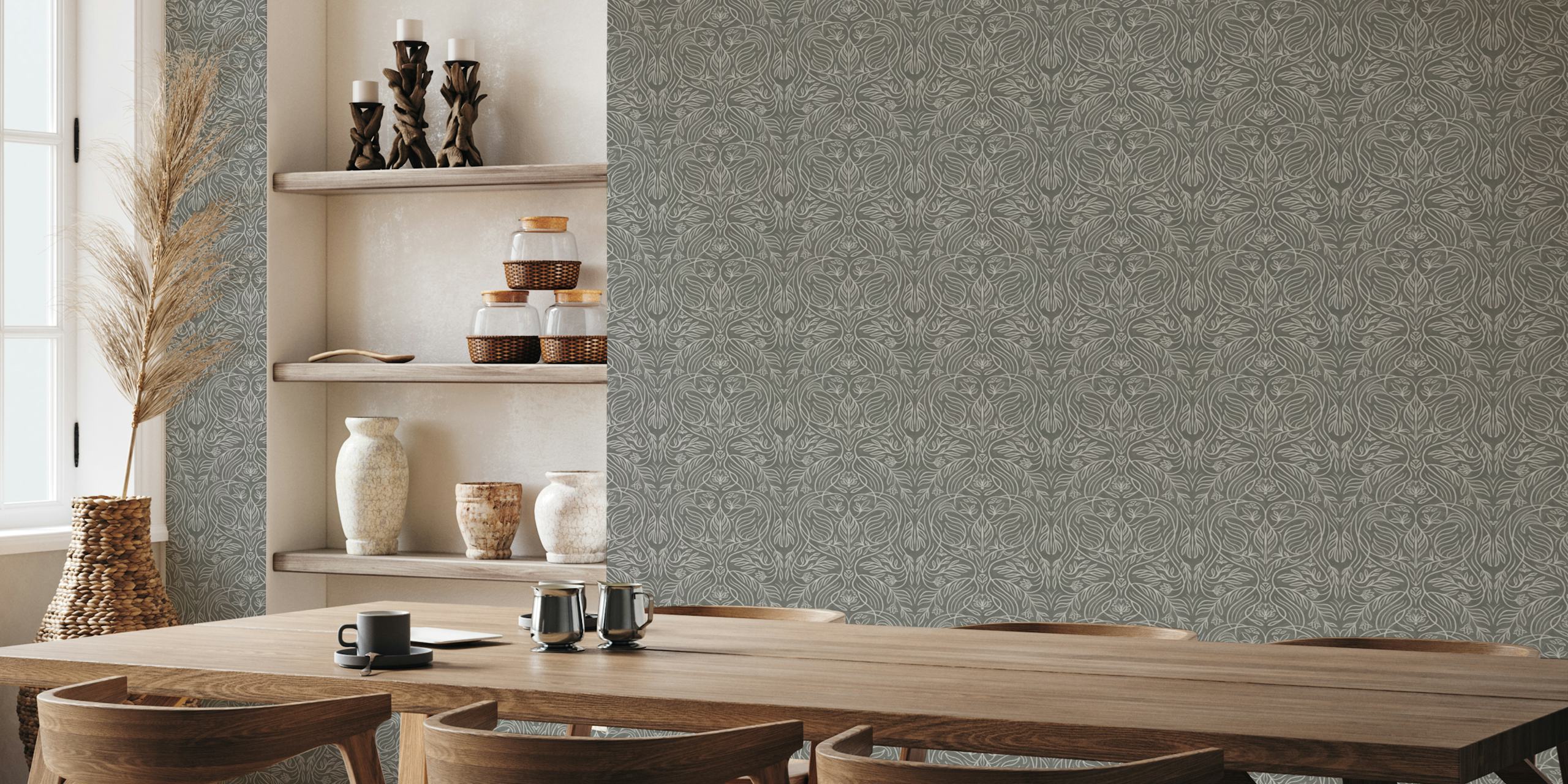 Charcoal floral damask pattern wallpaper with intricate designs