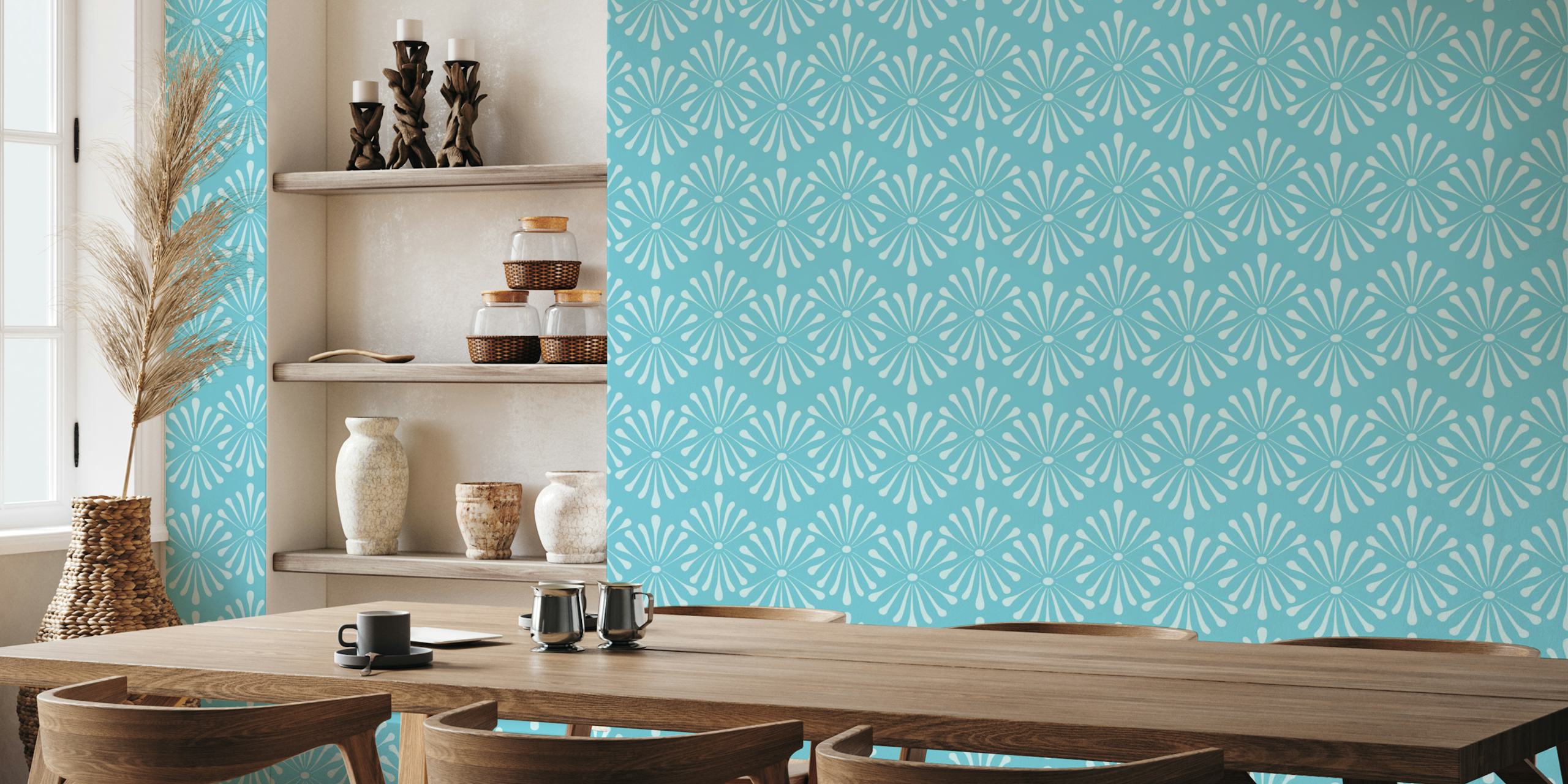 Turquoise abstract floral pattern wallpaper with petal shapes