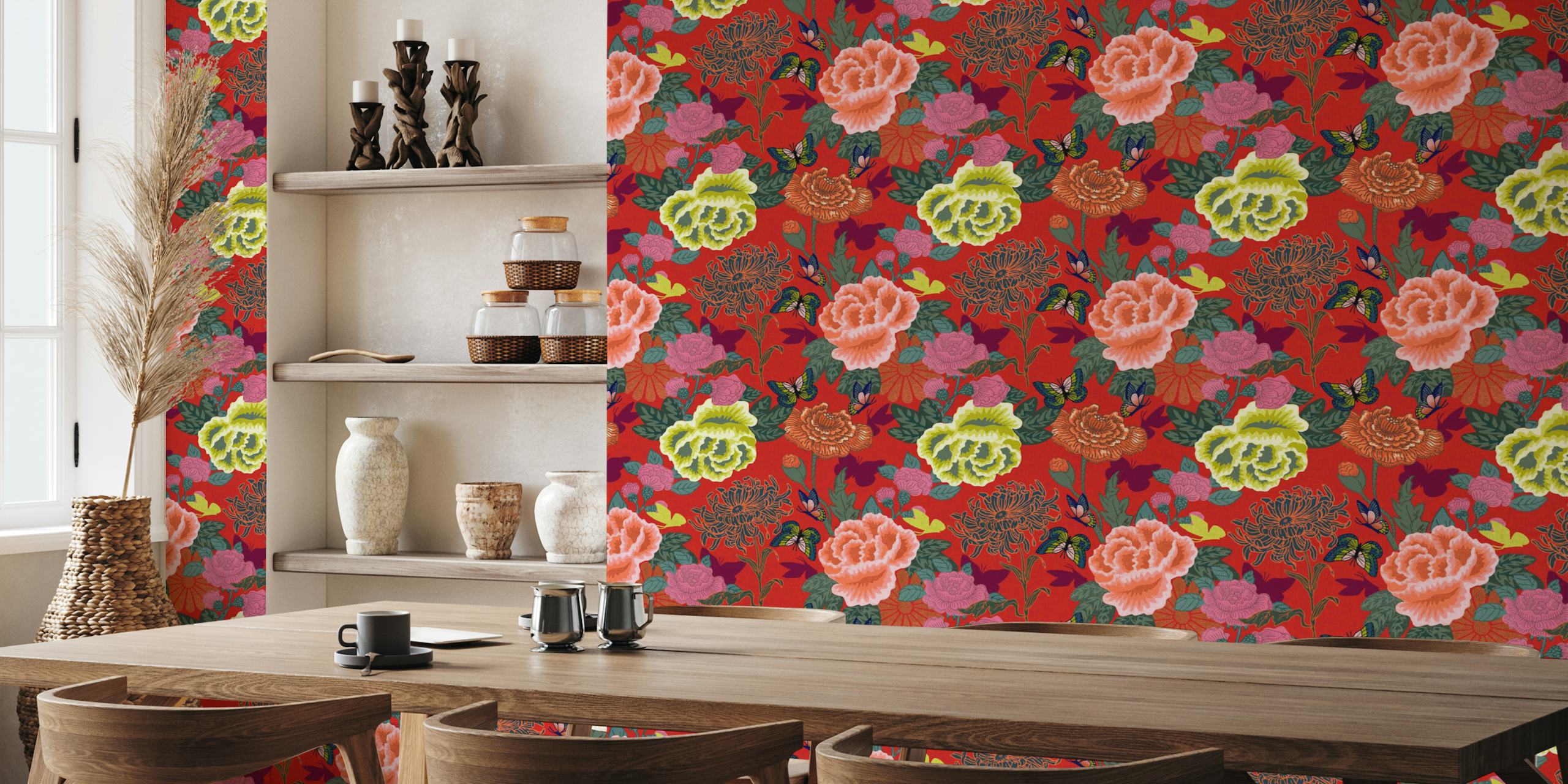 Röd Floral Chinoiserie wallpaper med fjärilar