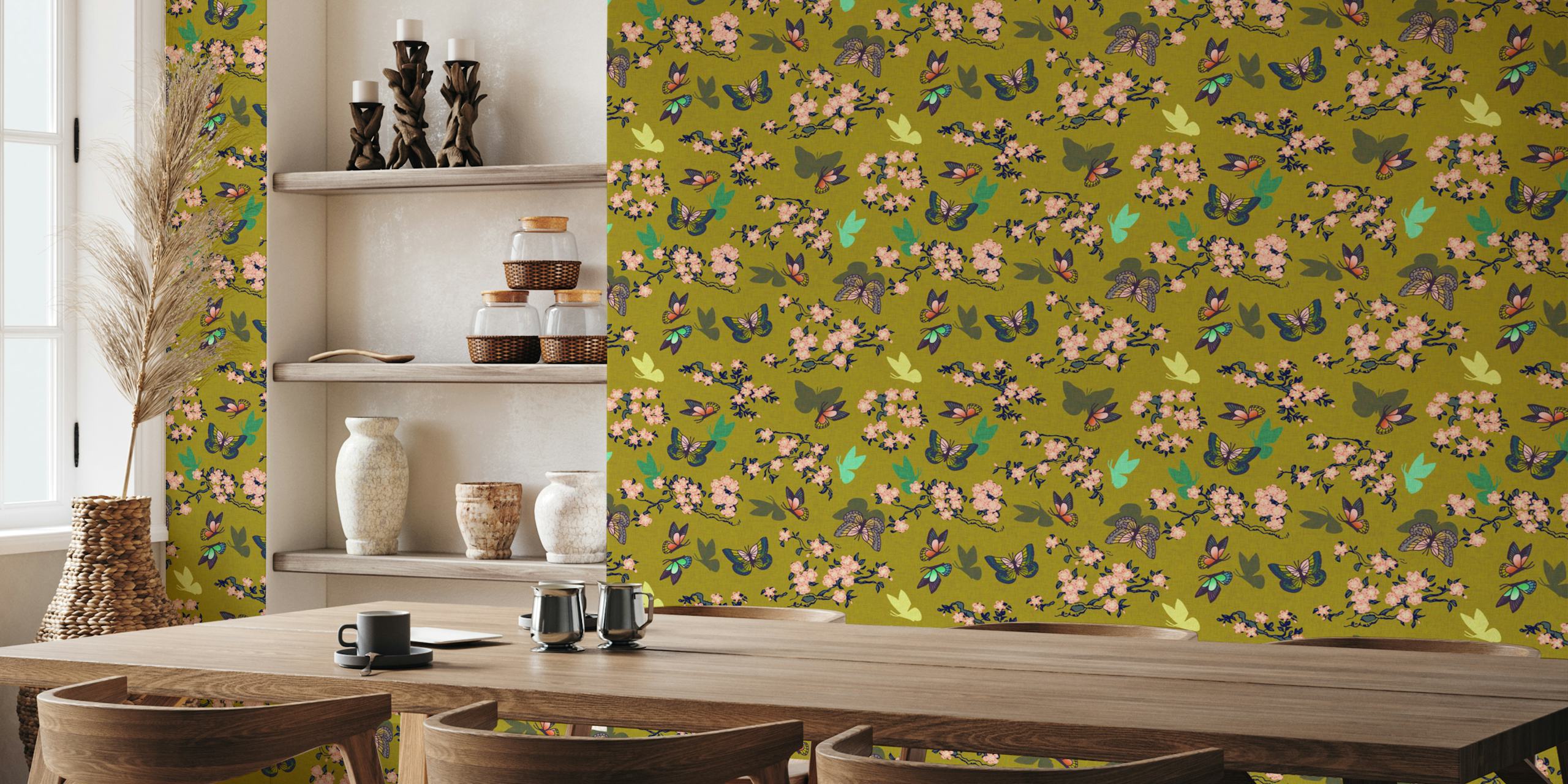 Green floral butterfly wallpaper with pink blossoms and colorful butterflies