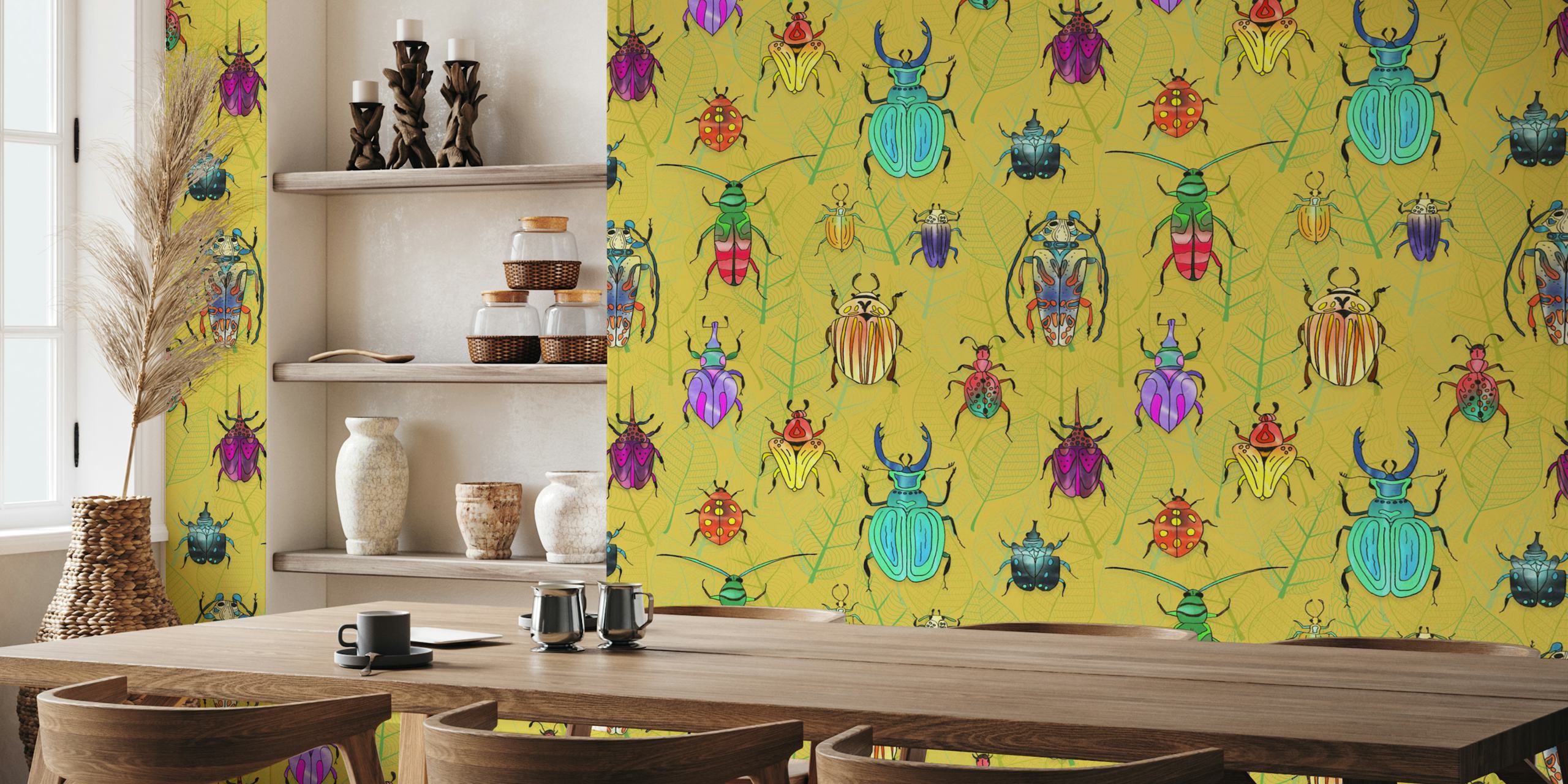 Colorful beetles with yellow background leaf pattern wallpaper