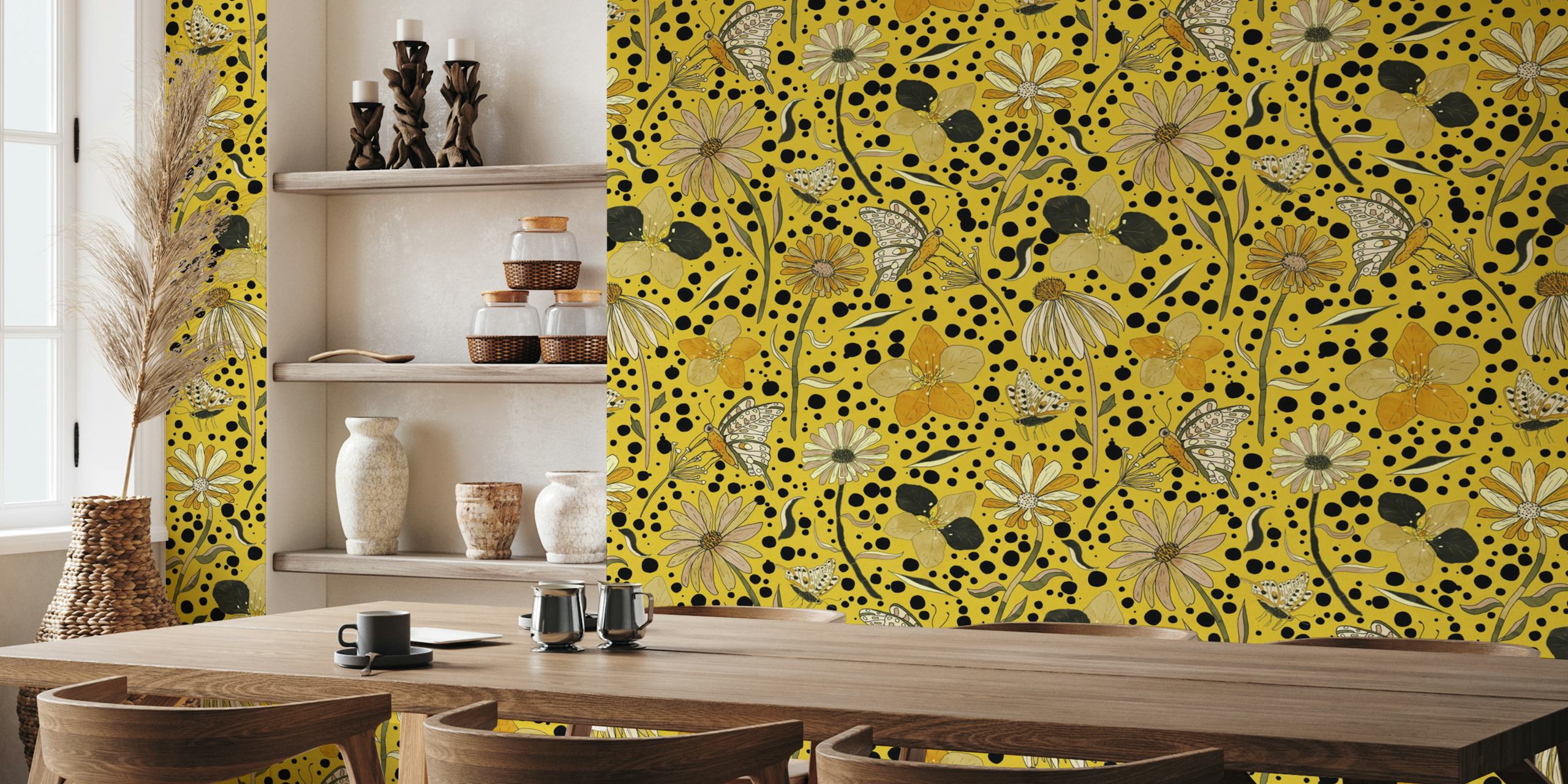 Butterflies and flowers on a yellow background with black dots wallpaper
