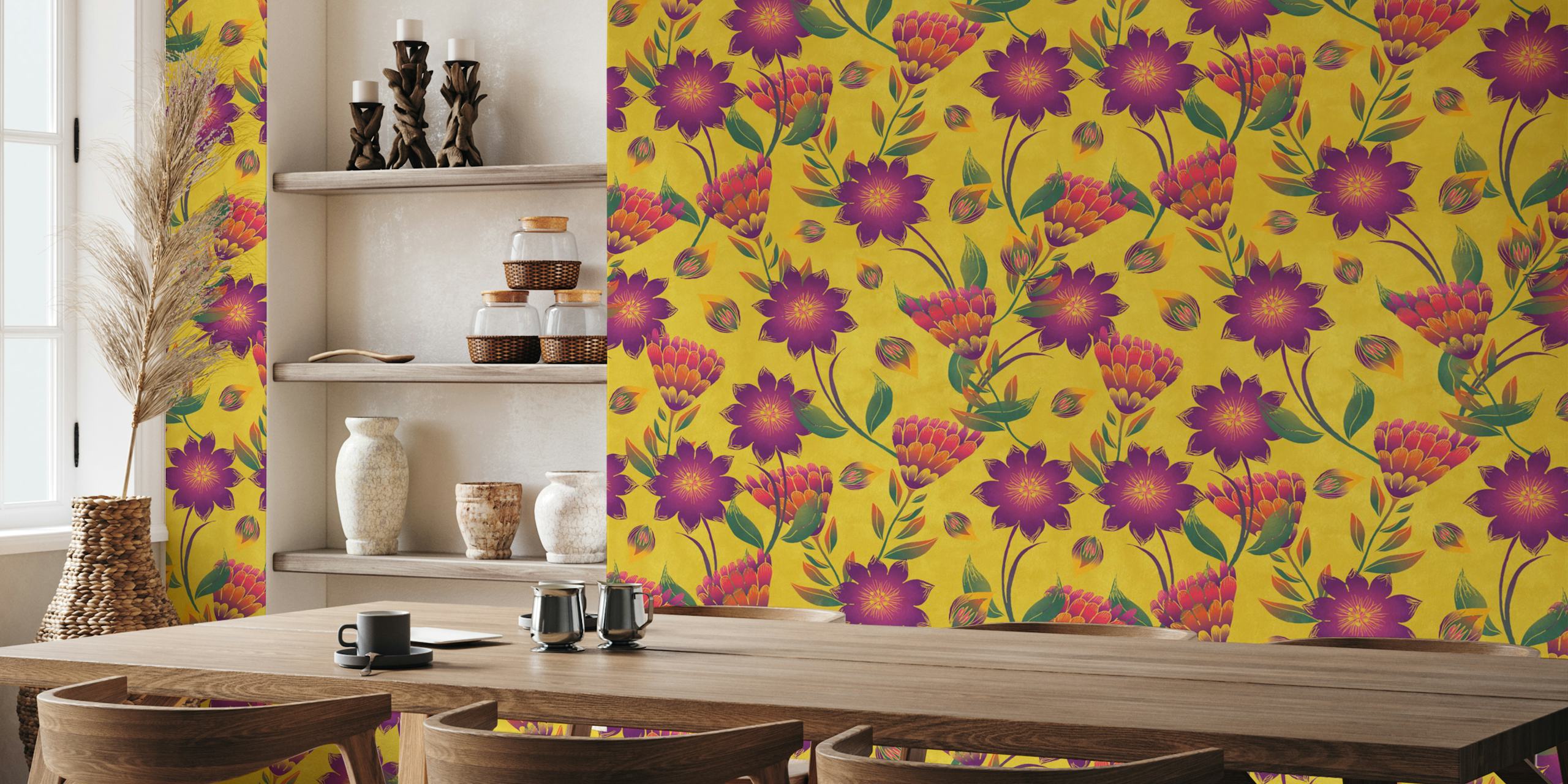 Vibrant Floral Blossom Pattern Yellow tapet i et rom