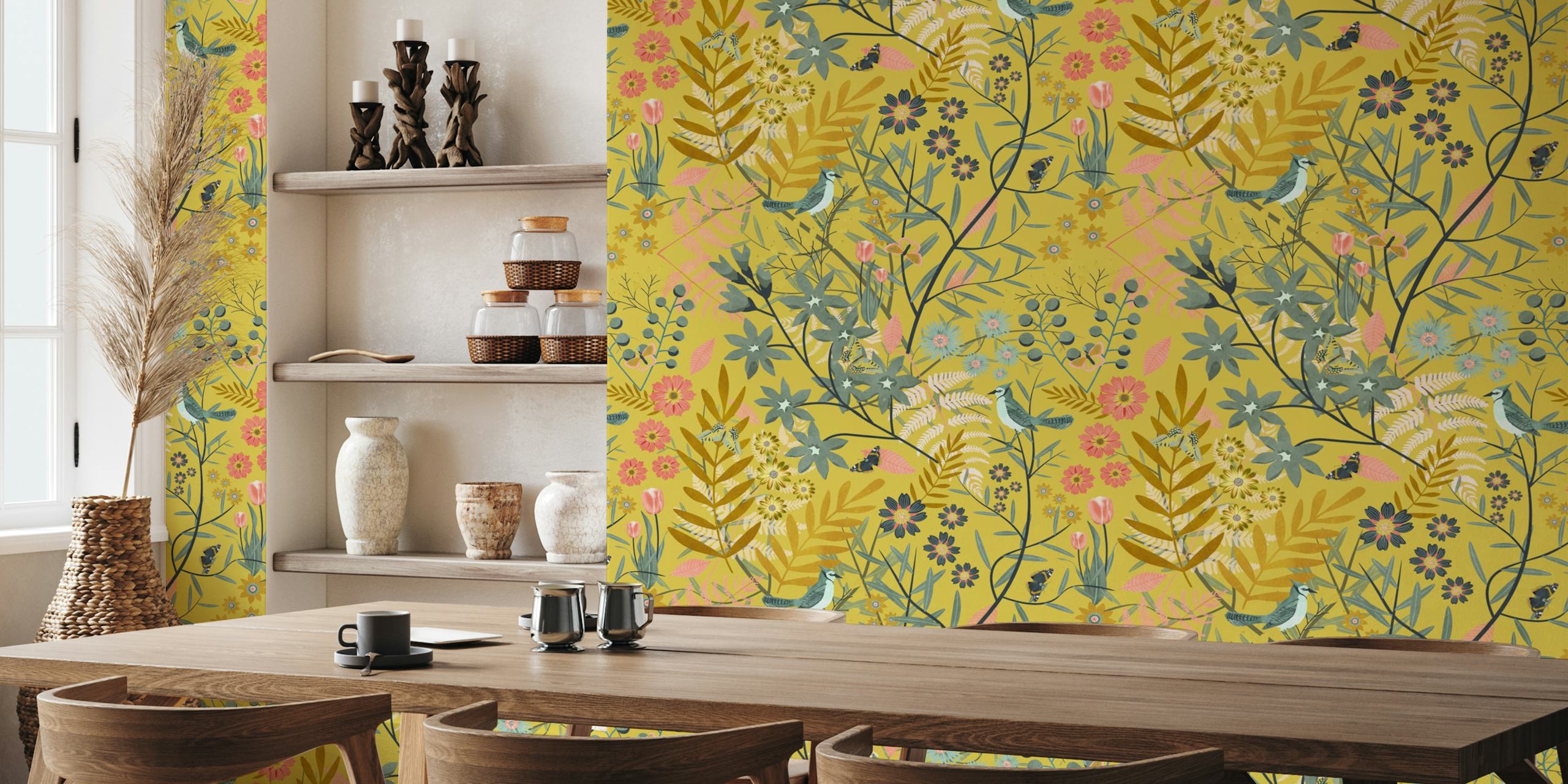 Colorful birds, butterflies, and floral patterns on mustard wallpaper