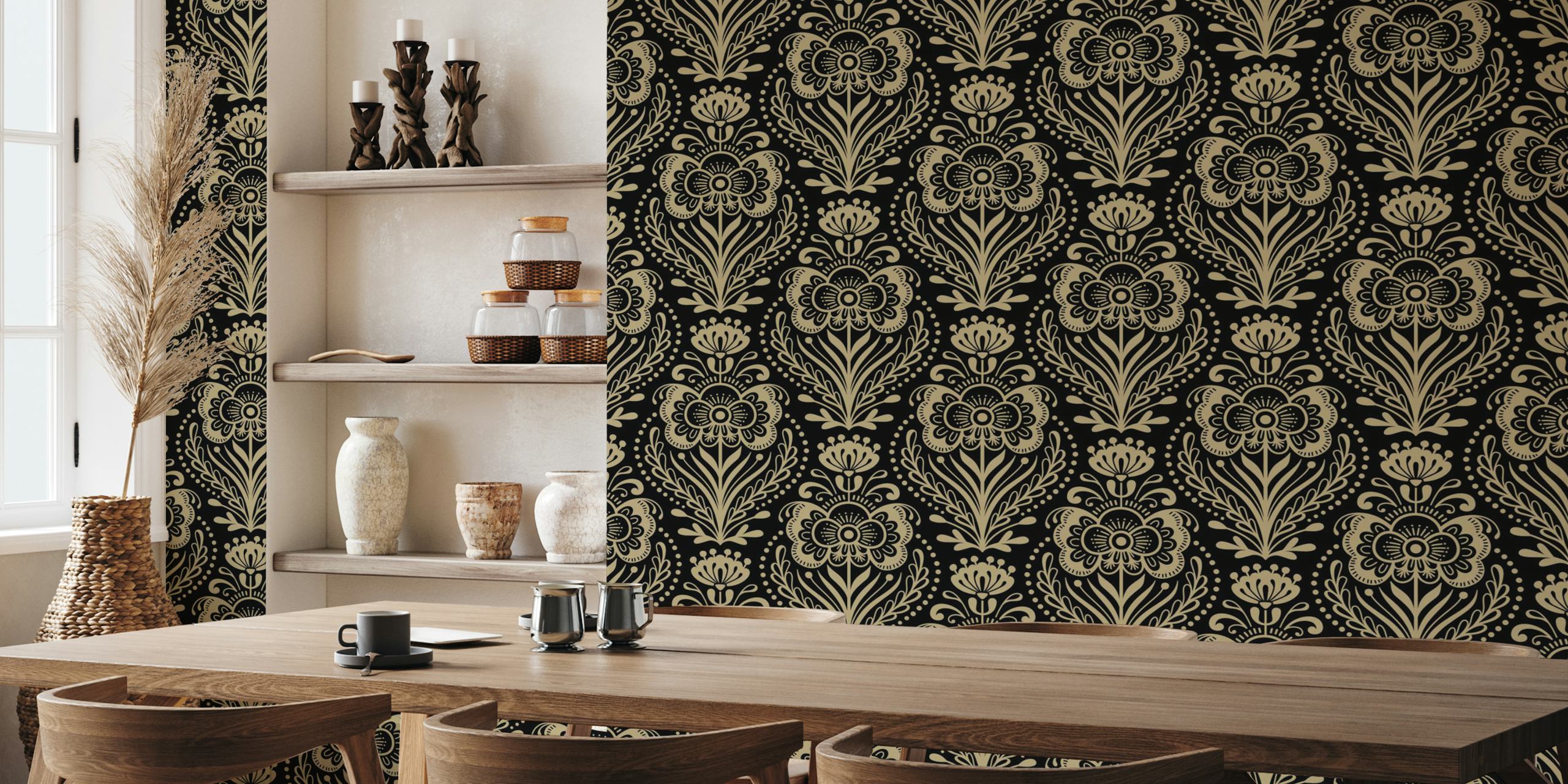 Elegant floral wallpaper in black and gold