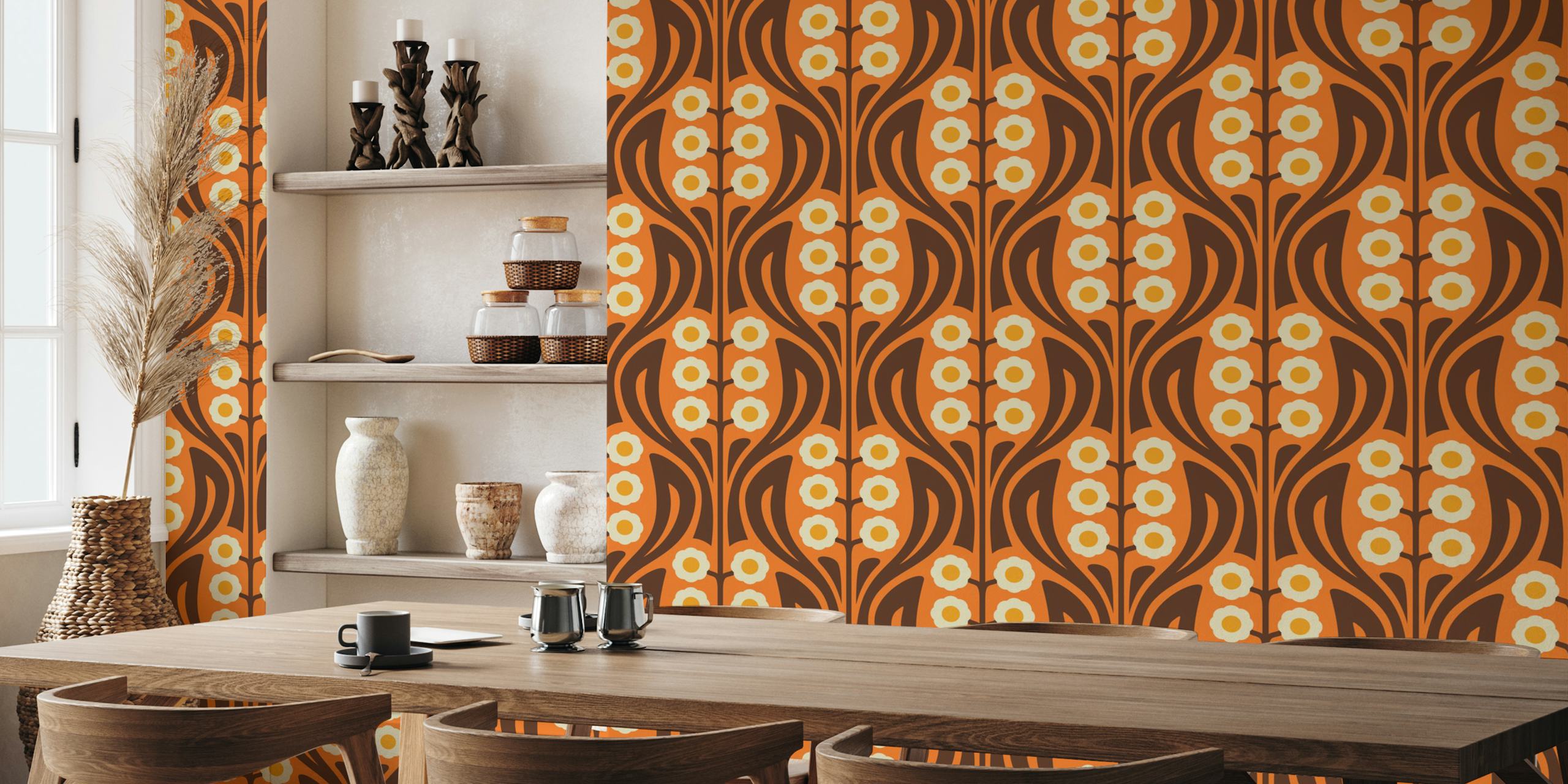 Vintage floral orange wallpaper with white daisies and brown accents.