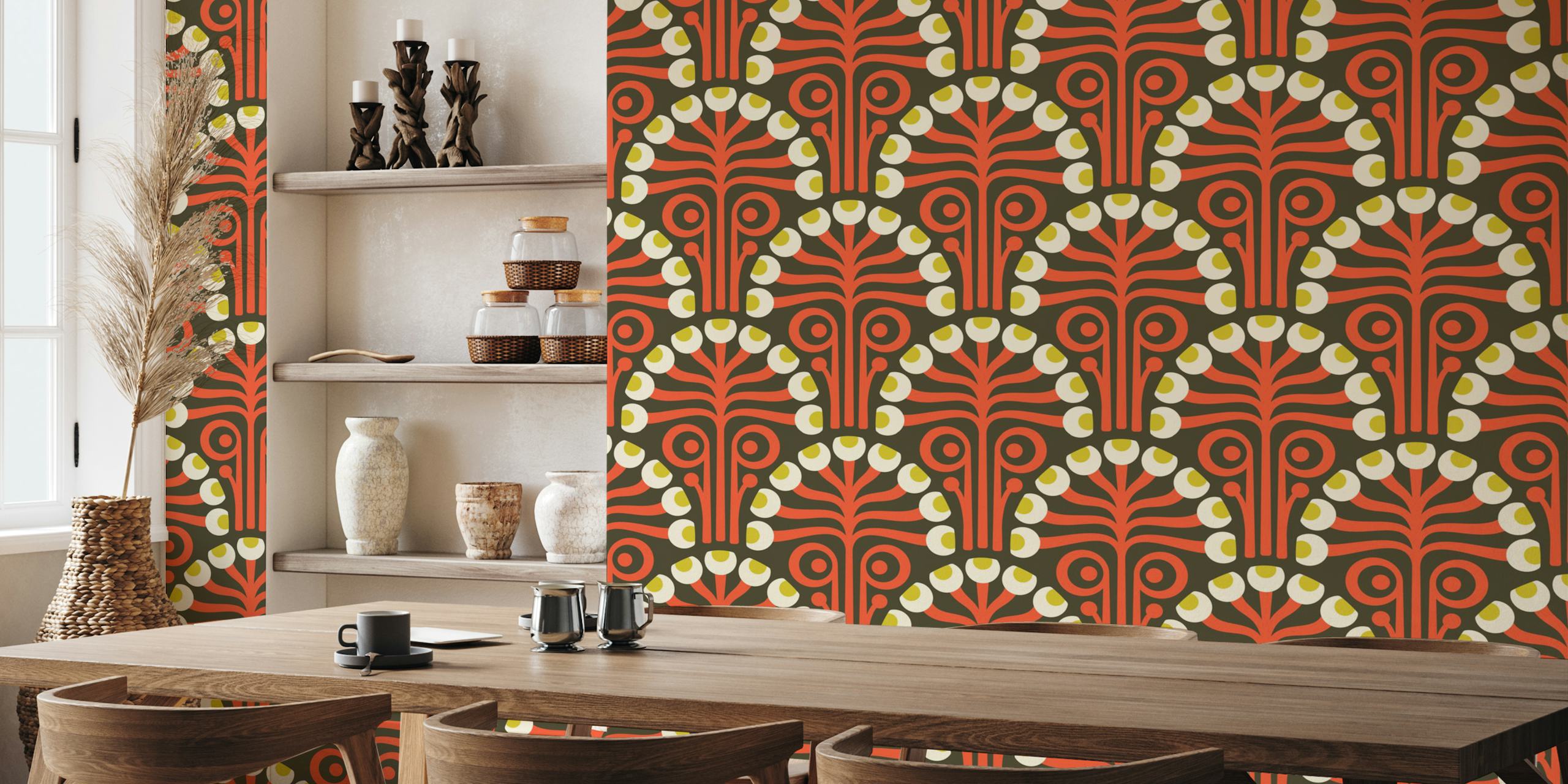 Vintage Botanical Retro Scallop Red tapettimuotoilu