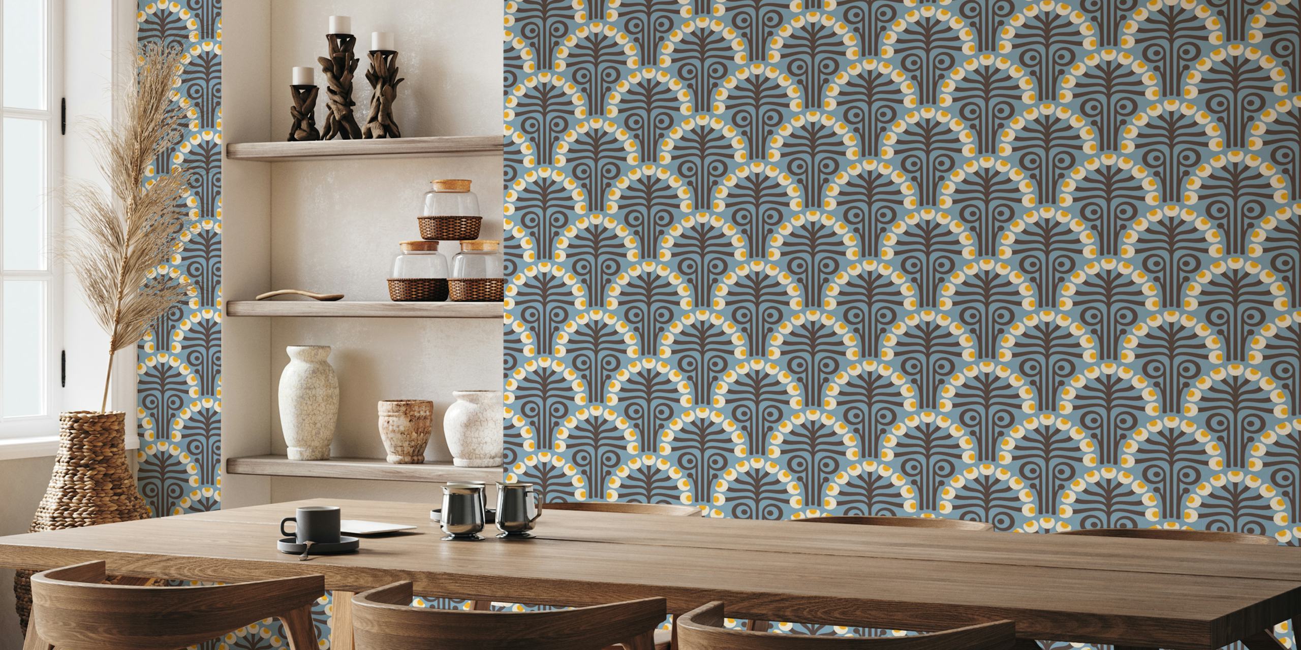 Vintage Botanical Retro Scallop Blue Tapete im Raum
