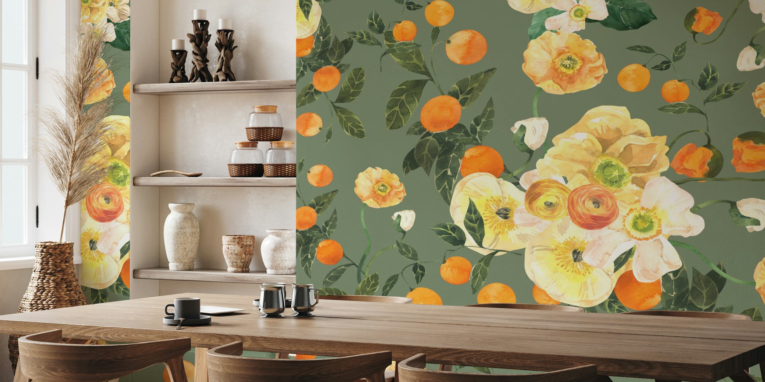 Lush Blooms and Oranges wallpaper in a room
