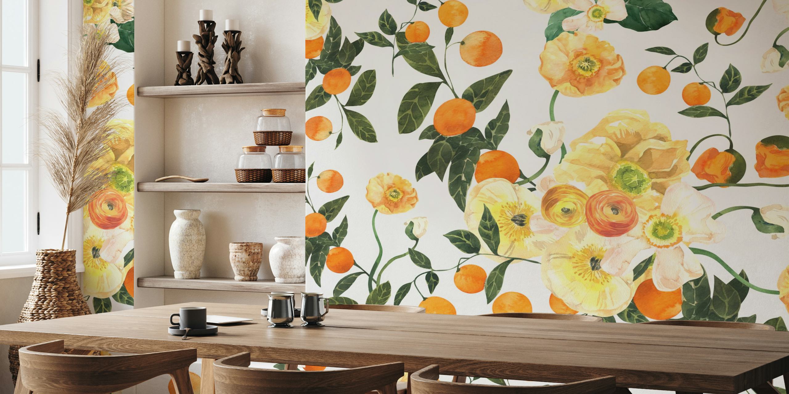 Vibrant floral citrus pattern wallpaper in a room