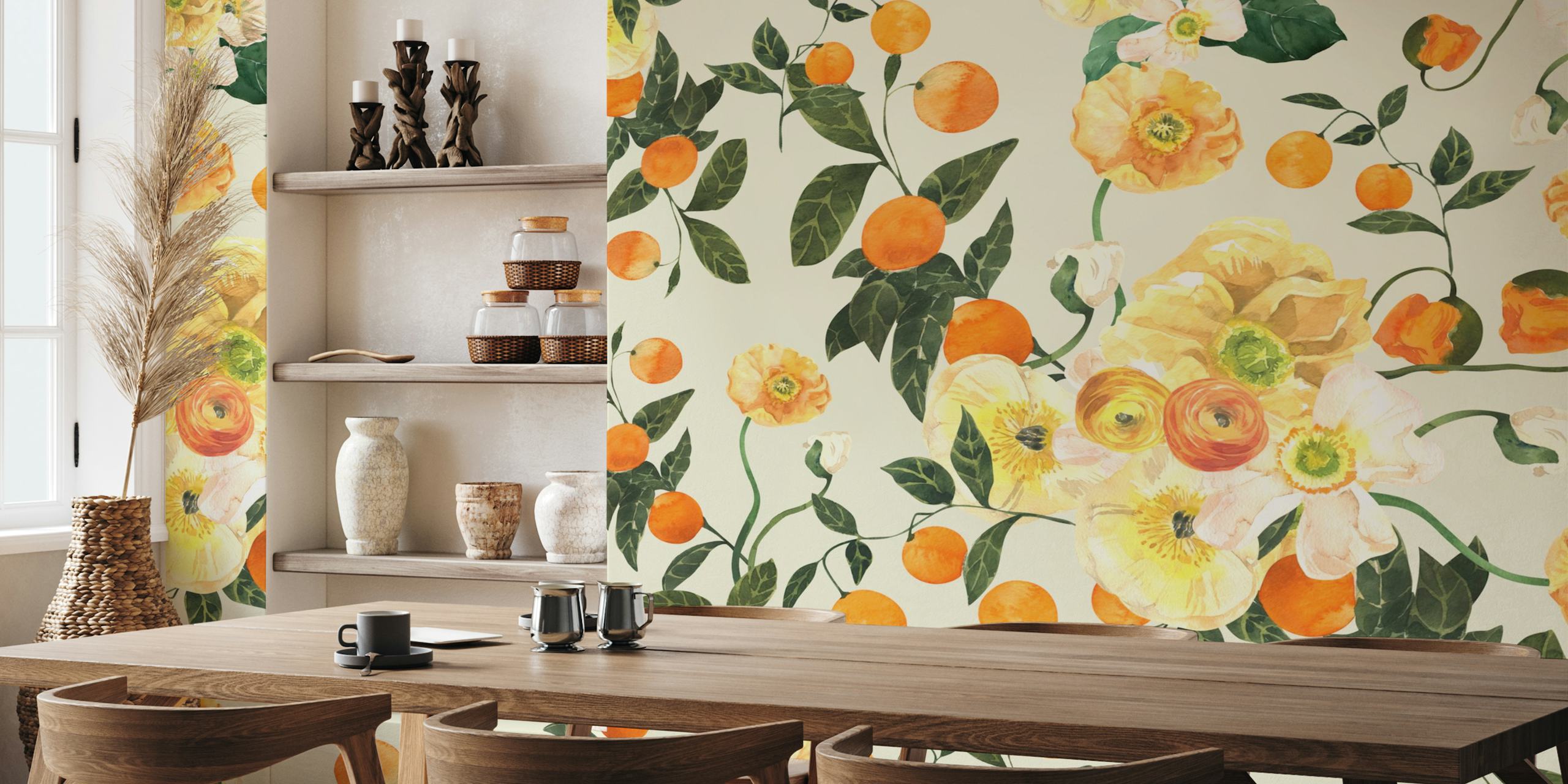 Orange flowers and green leaves floral wallpaper