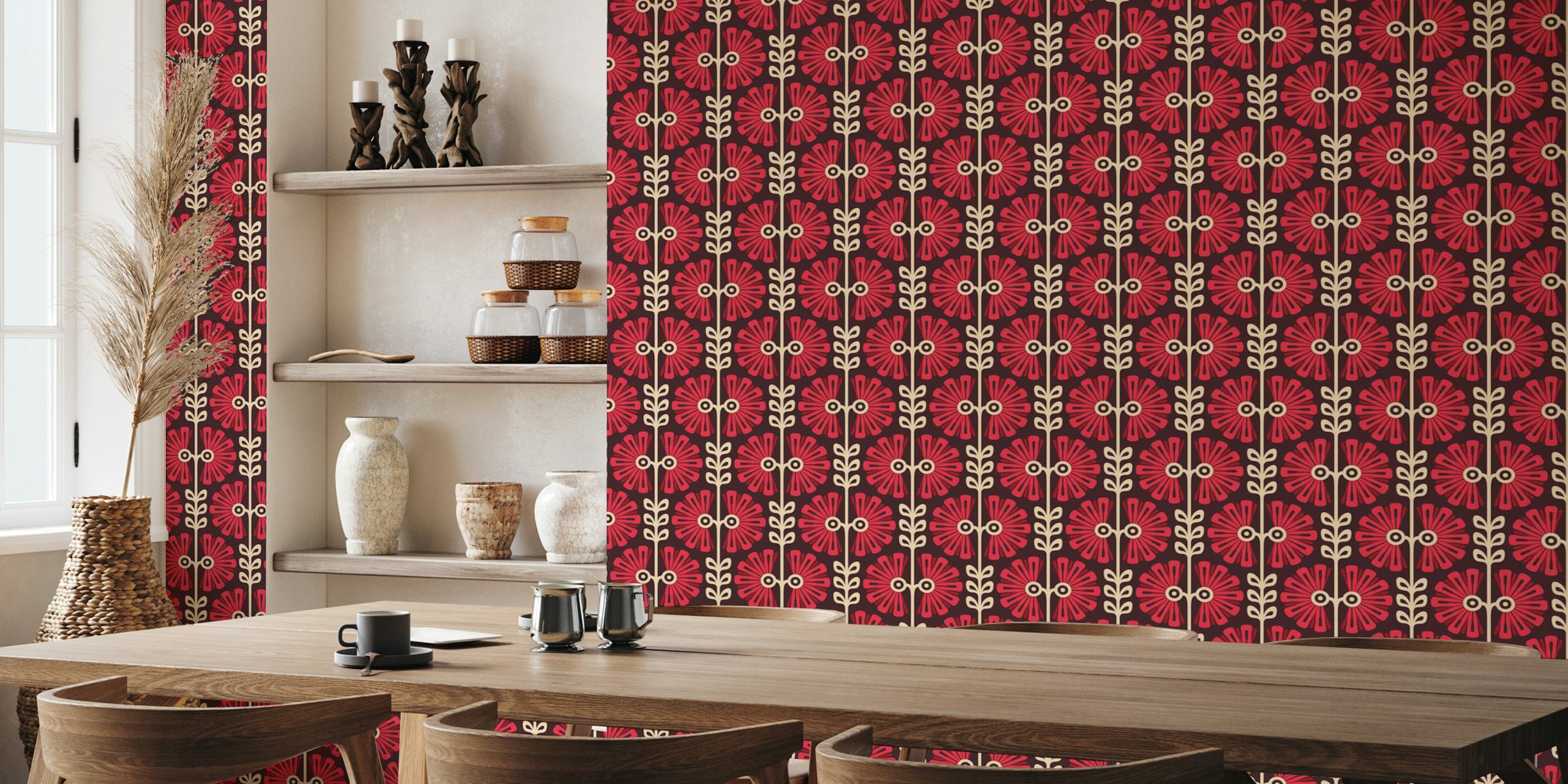 Vintage Bold Daisy Symphony in Red tapettisuunnittelu