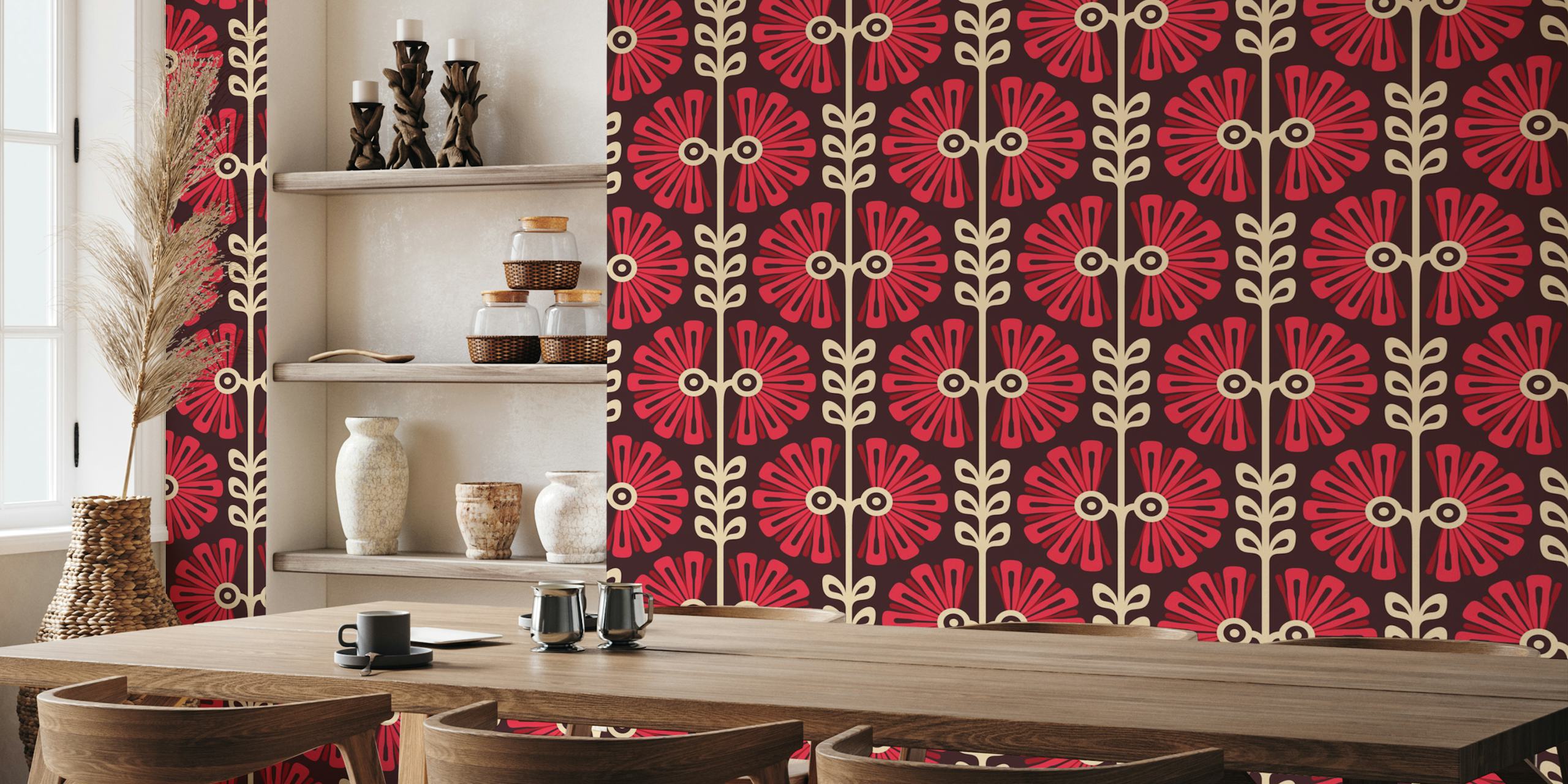Vintage Bold Daisy Symphony in Red tapet i et rum