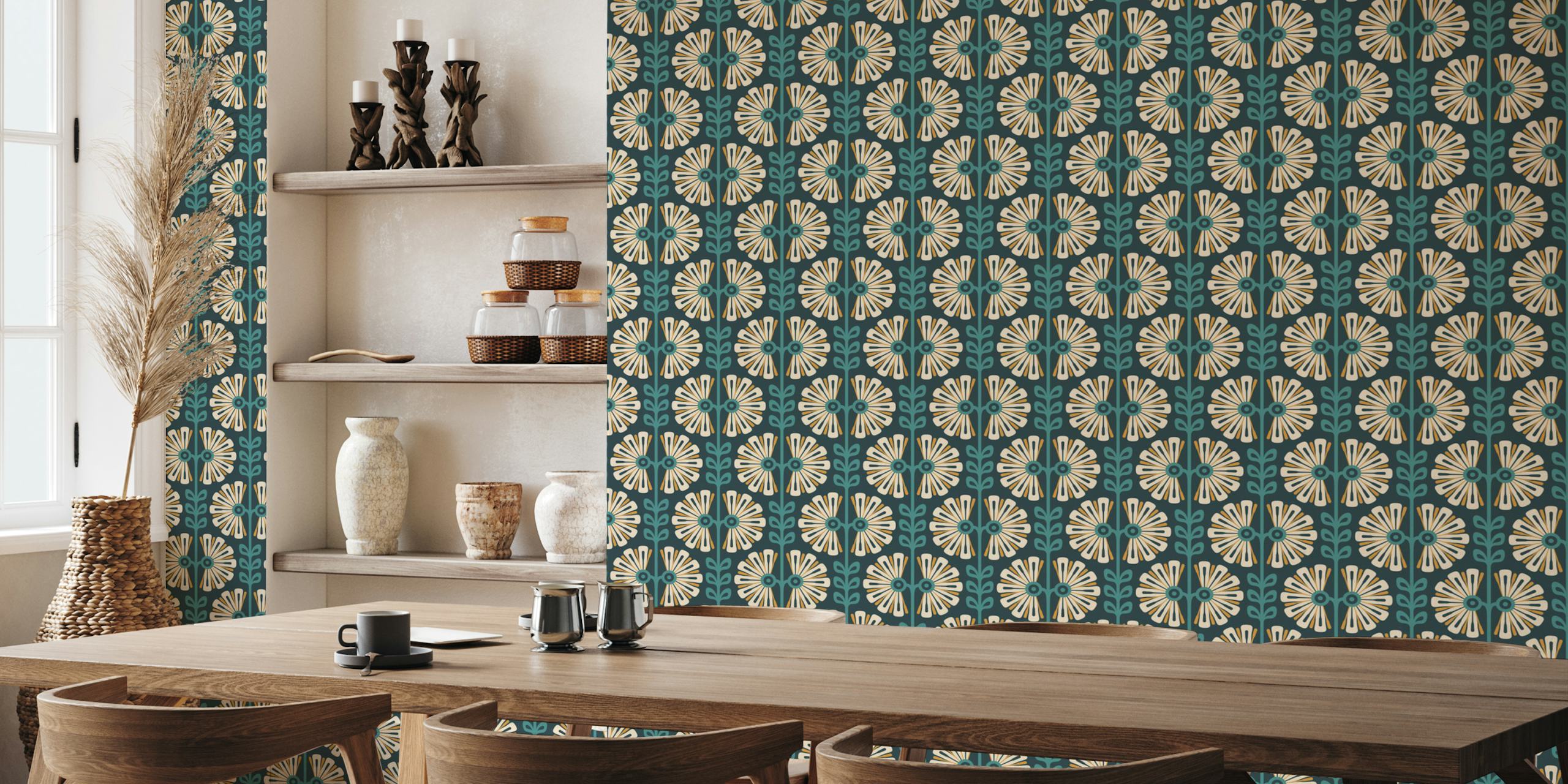 Vintage Bold Daisy Symphony in Teal wallpaper design