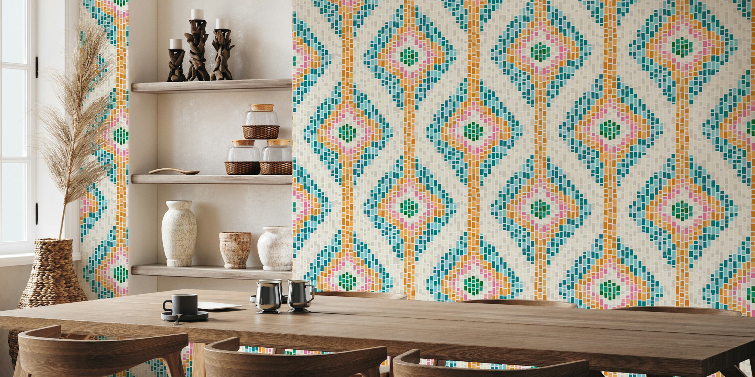 Colorful diamond tile pattern in blue, pink, and orange wallpaper