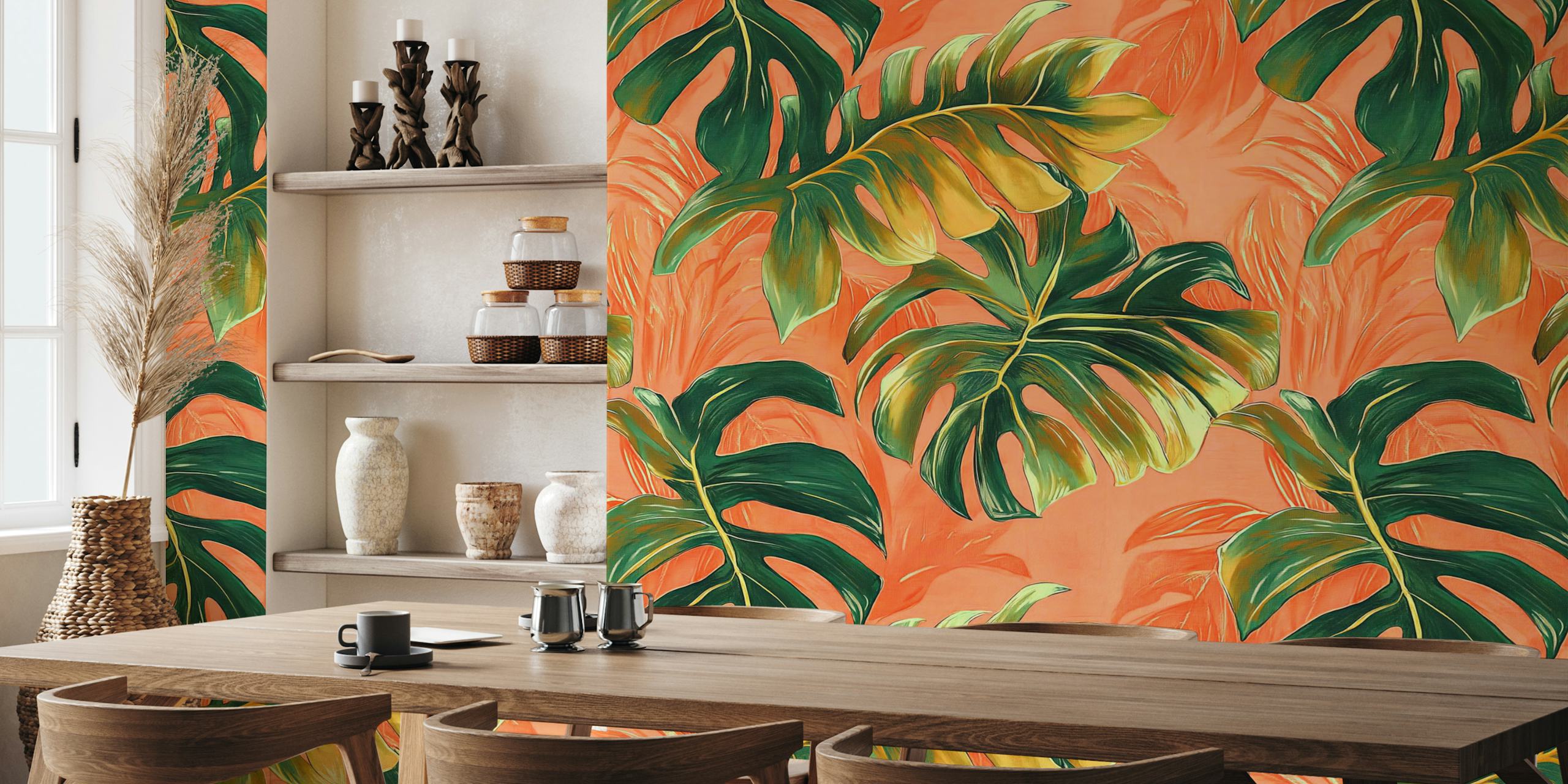 Monstera Peach wallpaper in a room setting.