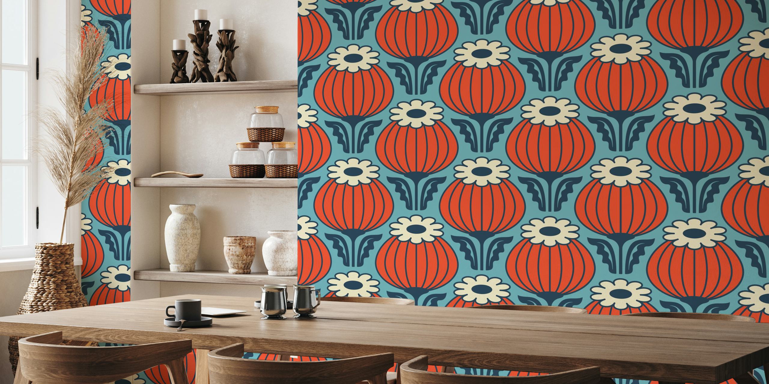 Bold vintage poppies wallpaper in a room