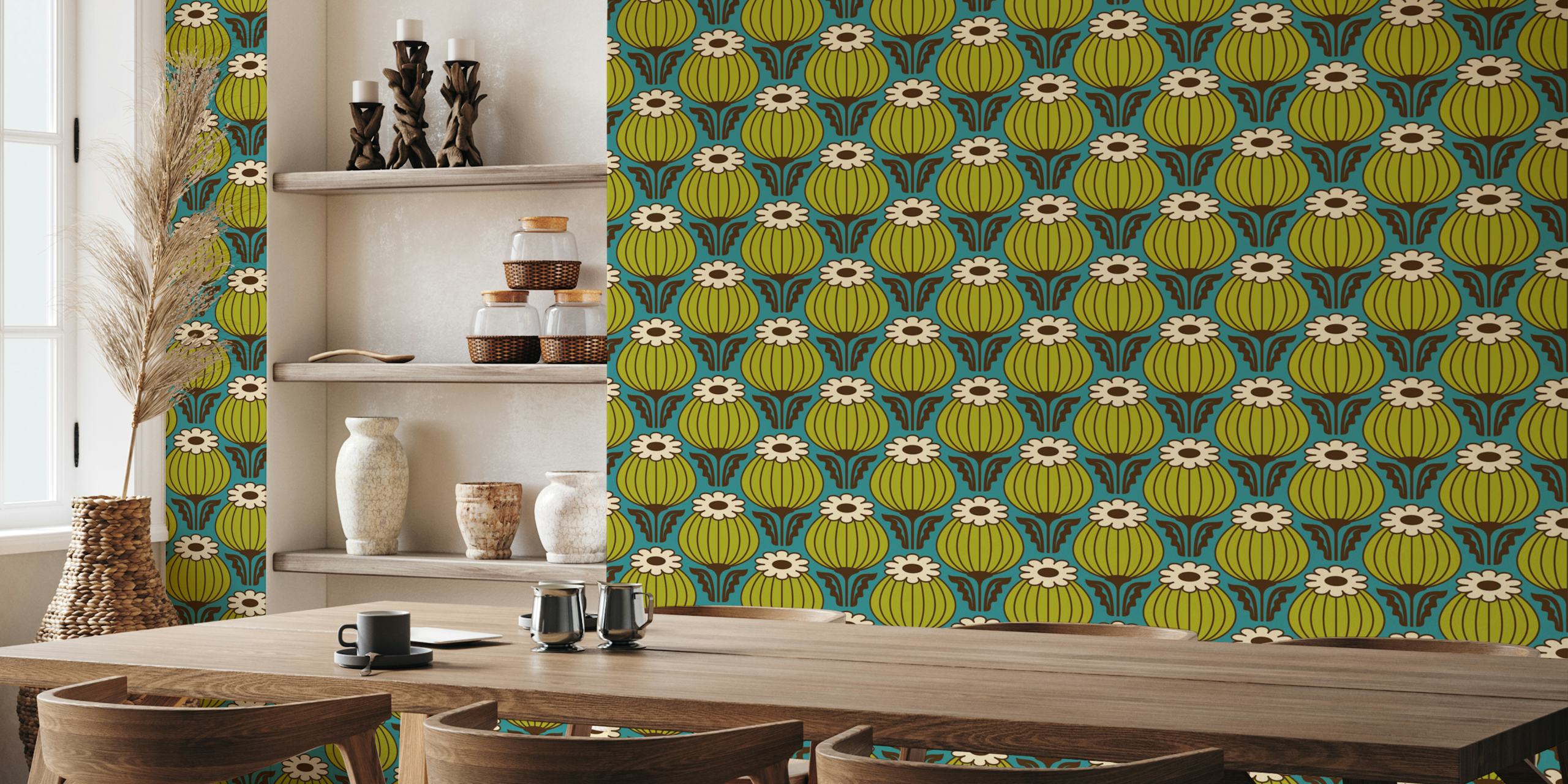 Bold Vintage Poppies Green Teal wallpaper in a room