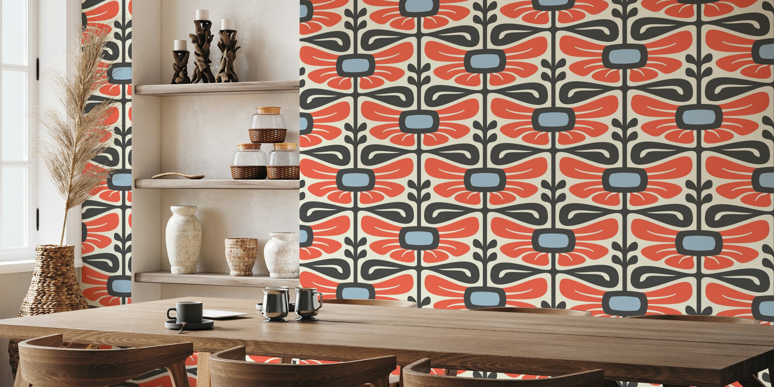 Retro floral pattern in red and black with a cream background wallpaper