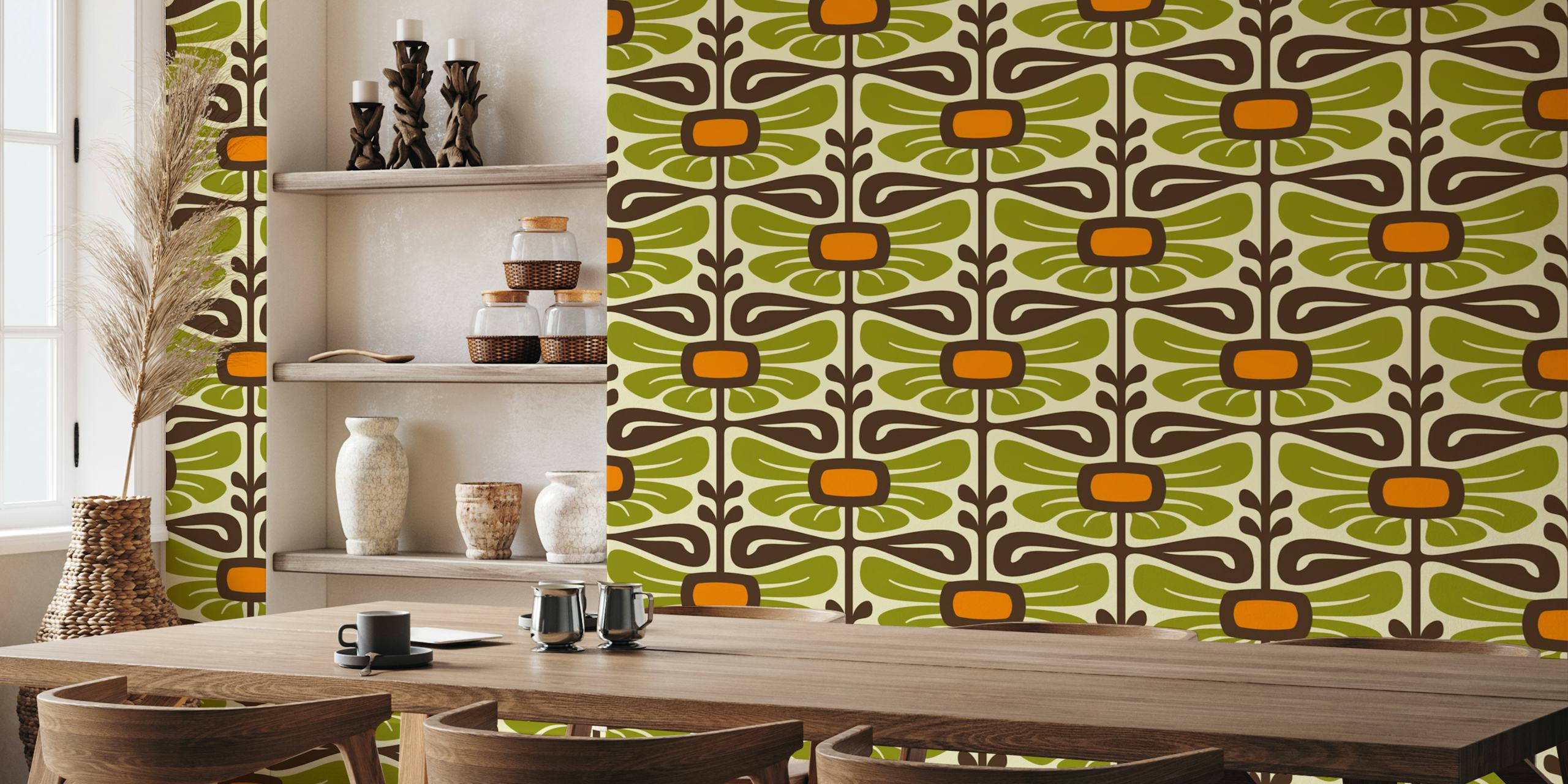 Vintage floral wallpaper in verde e arancione