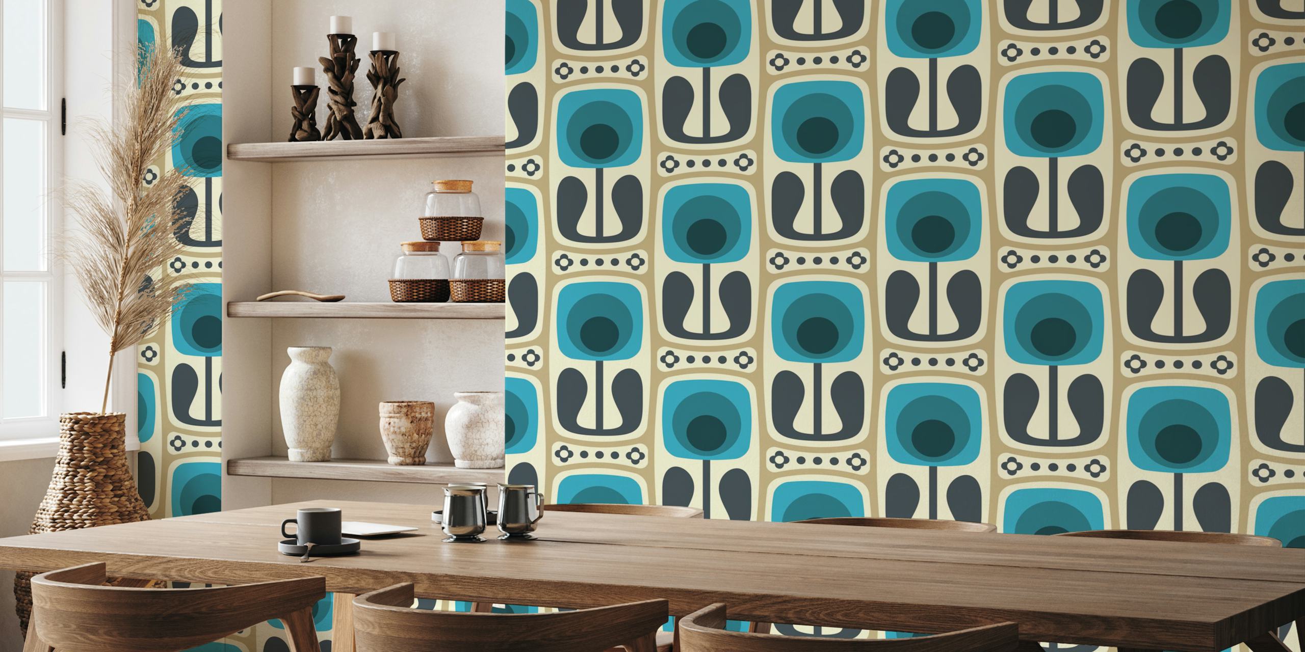 Retro floral design in blue and gray tones wallpaper