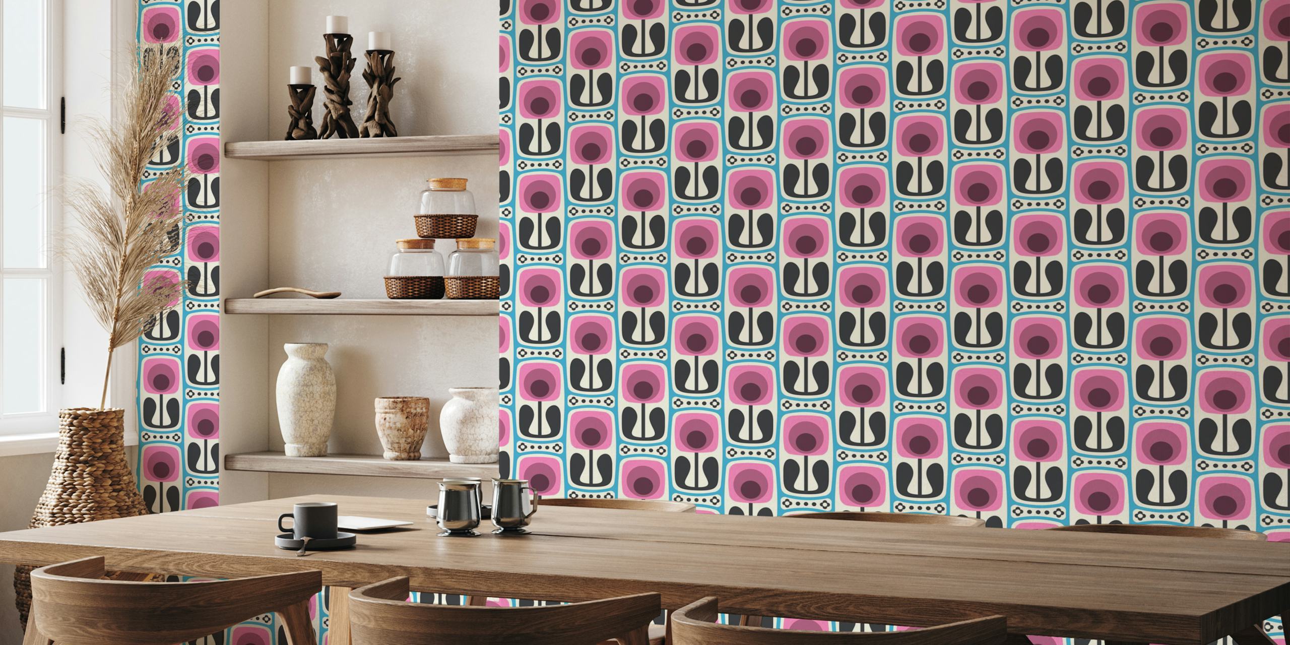 Nostalgic Retro Blooms Pink Blue wallpaper in a room