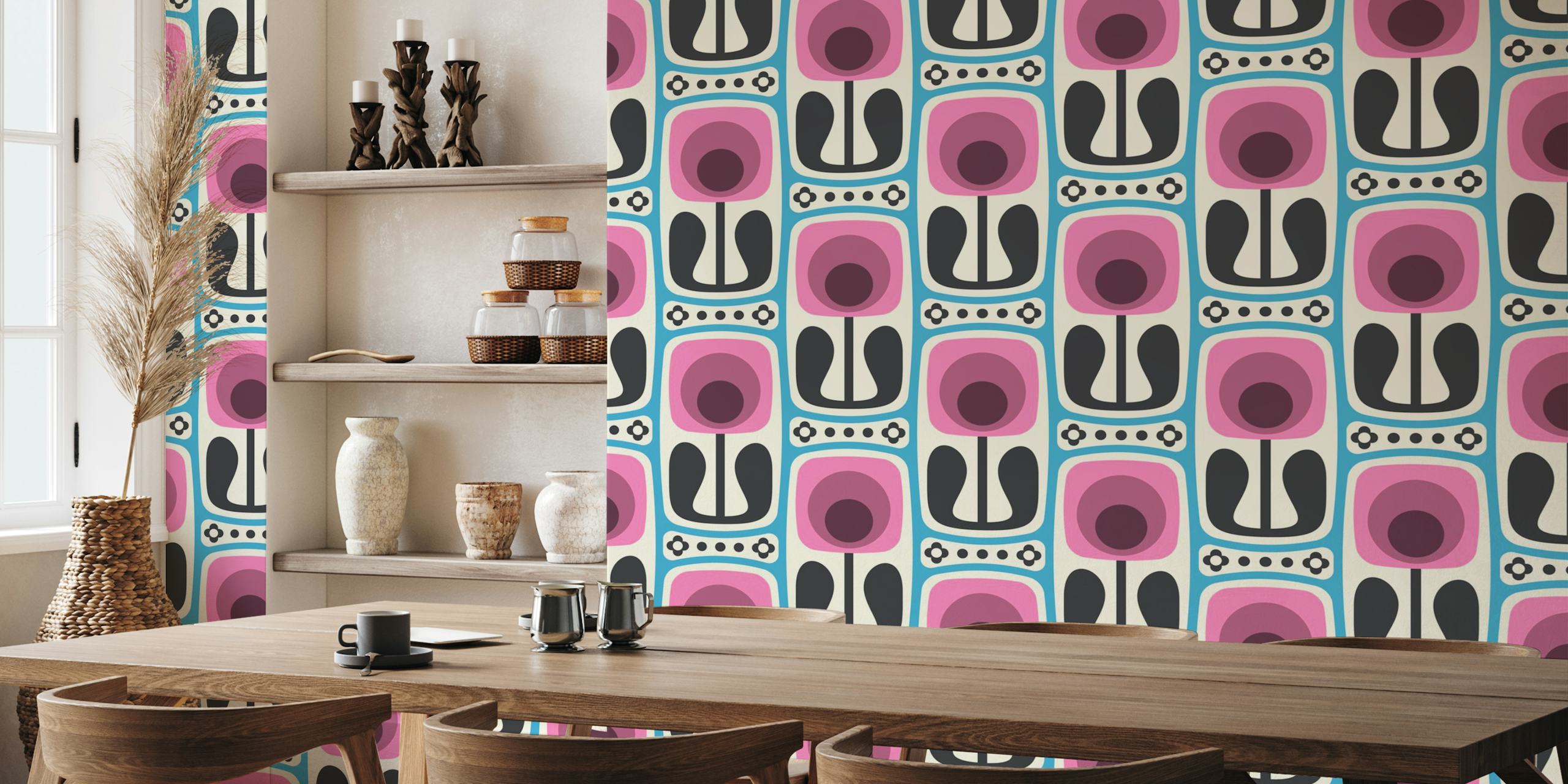 Nostalgic Retro Blooms Pink Blue zidna obloga u sobi