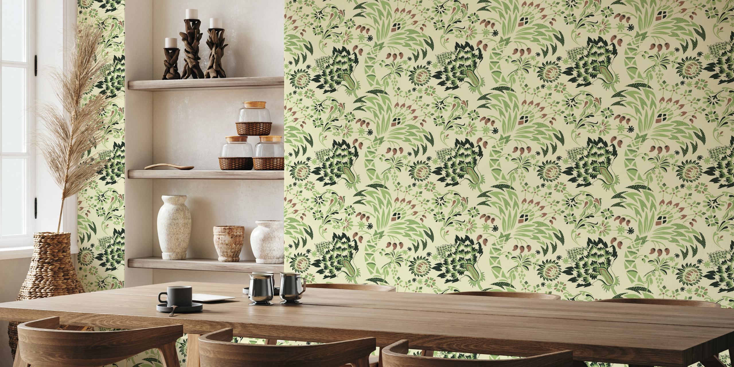 Botanical floral patterns in green and brown on cream wallpaper