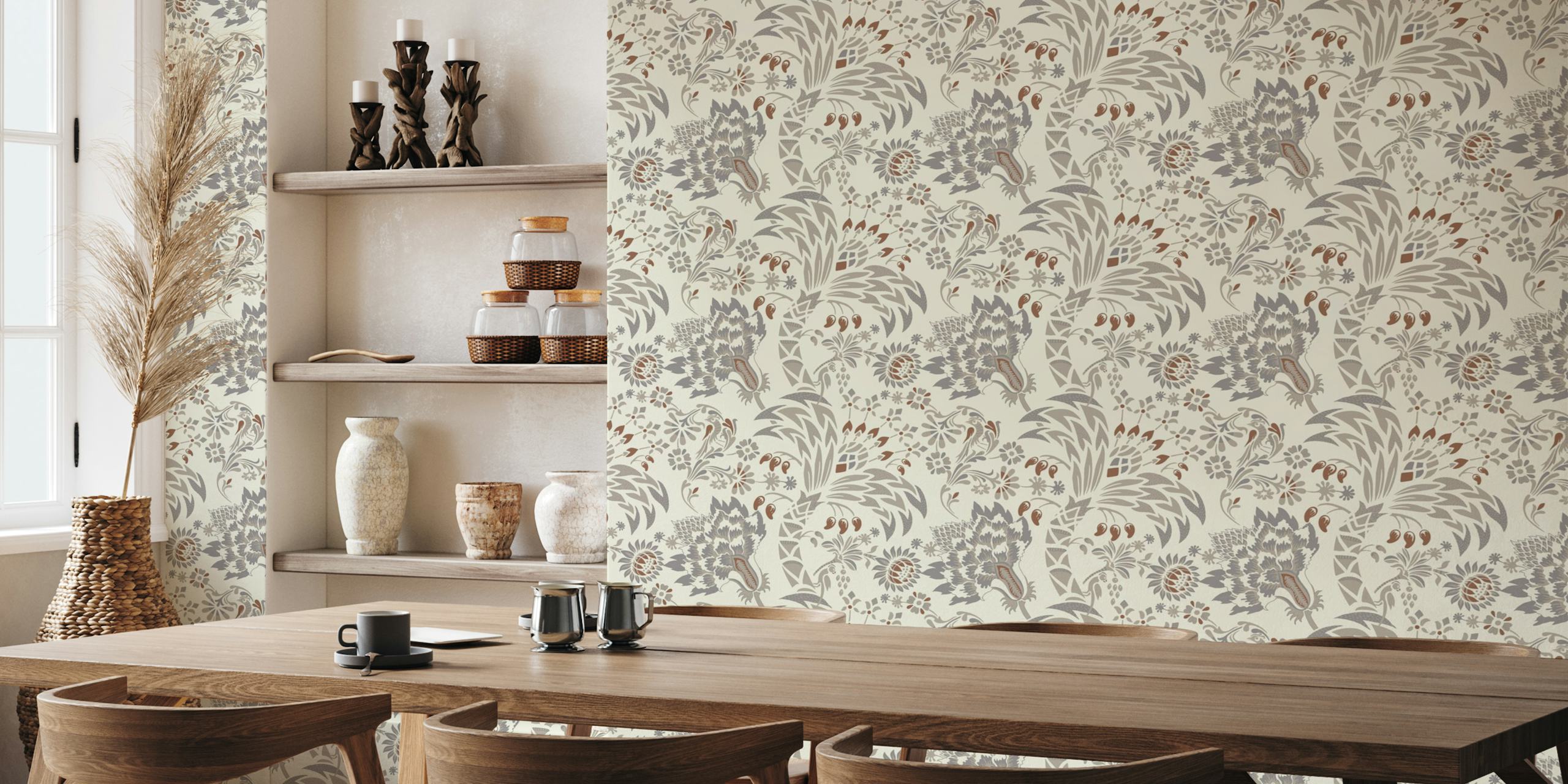 Floral beige wallpaper with intricate patterns and brown accents