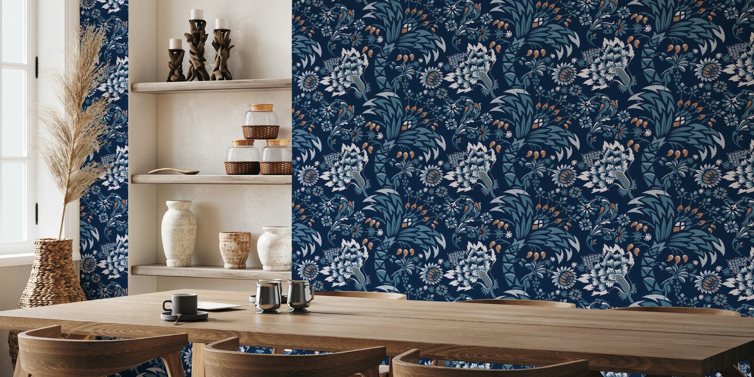 Floral patterns with blue, mocha, and white colors wallpaper
