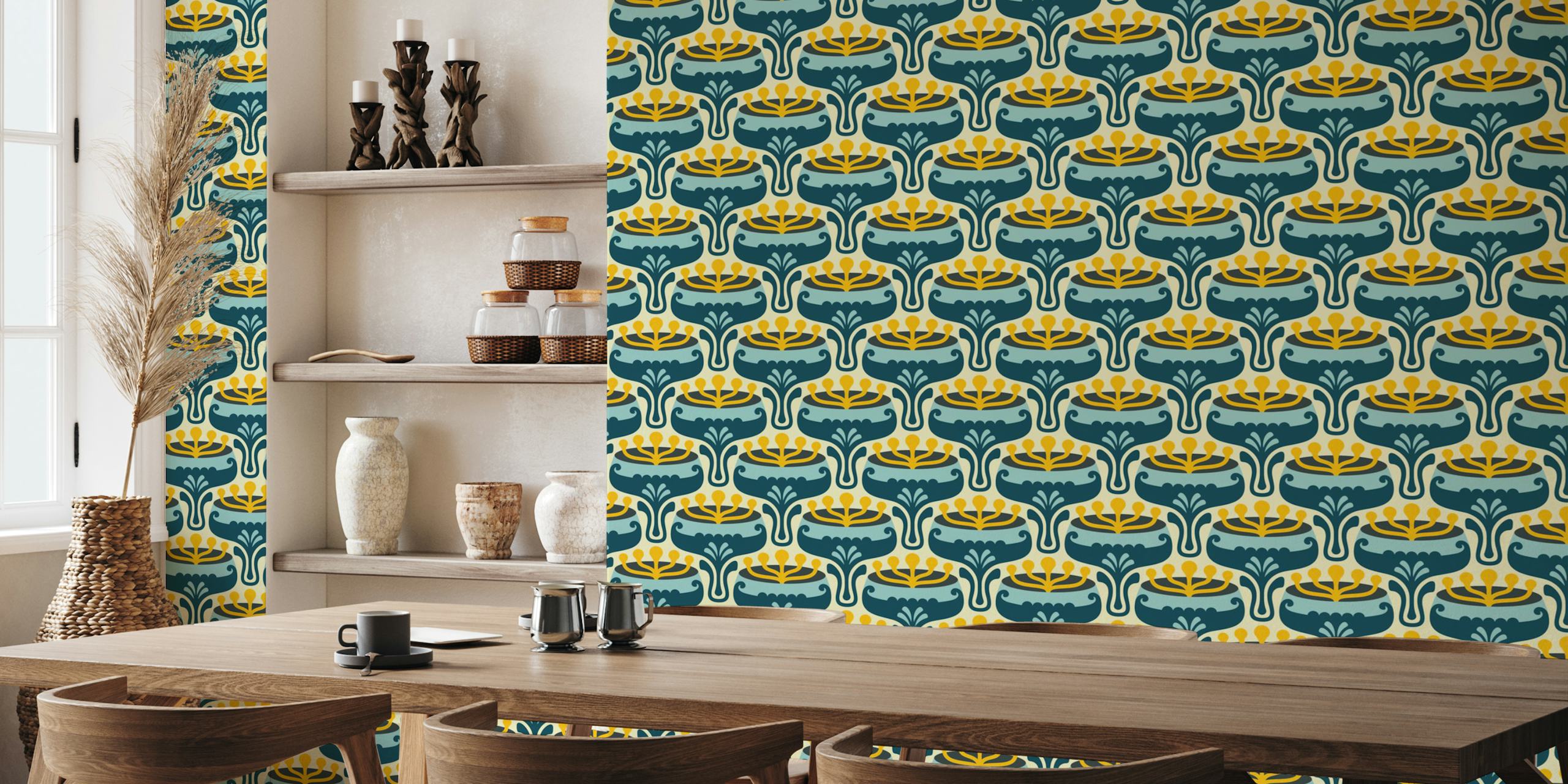 Elegant Retro Flourish in Blue wallpaper in a room