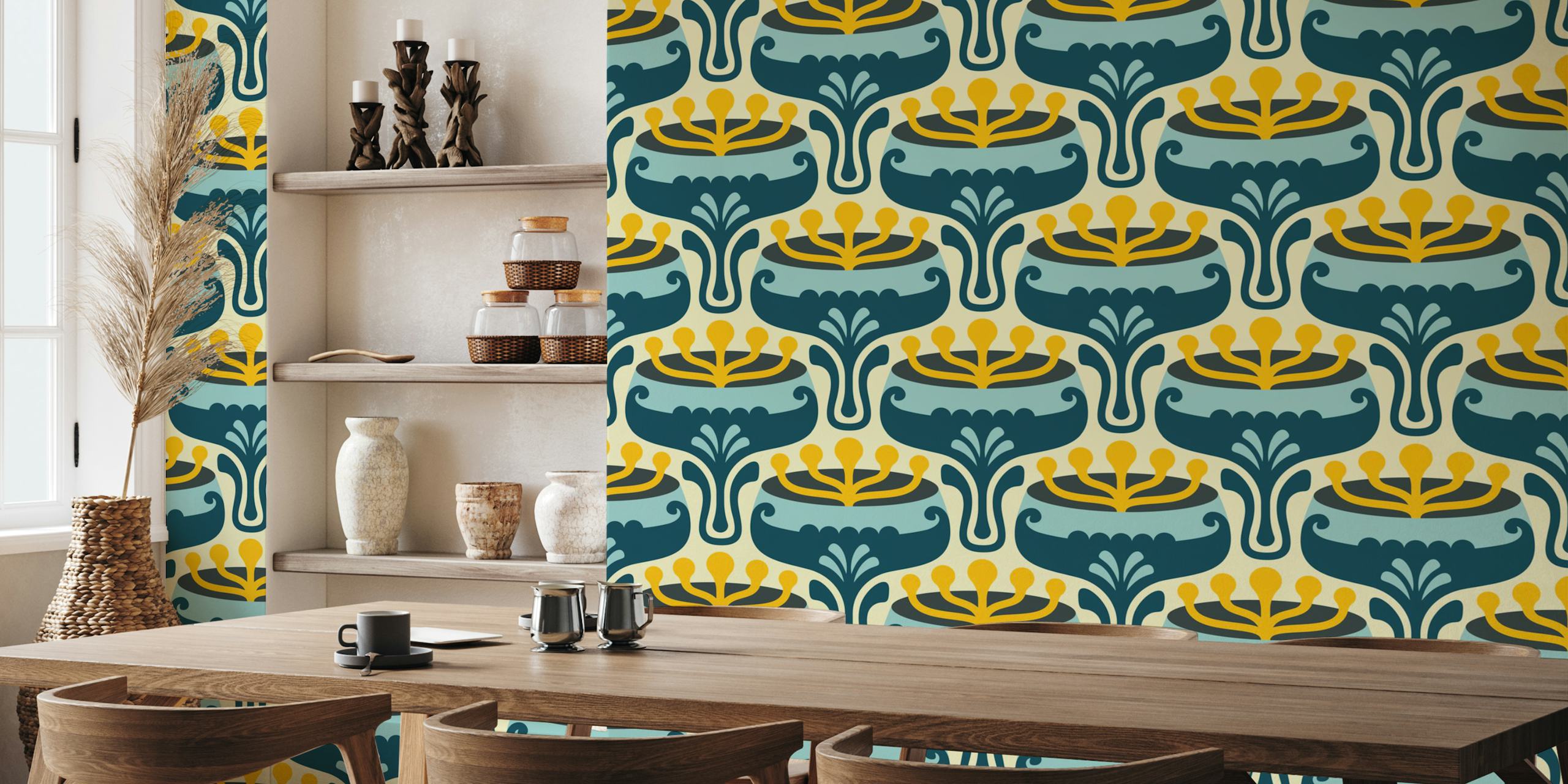 Elegant Retro Flourish in Blue papier peint dans une pièce