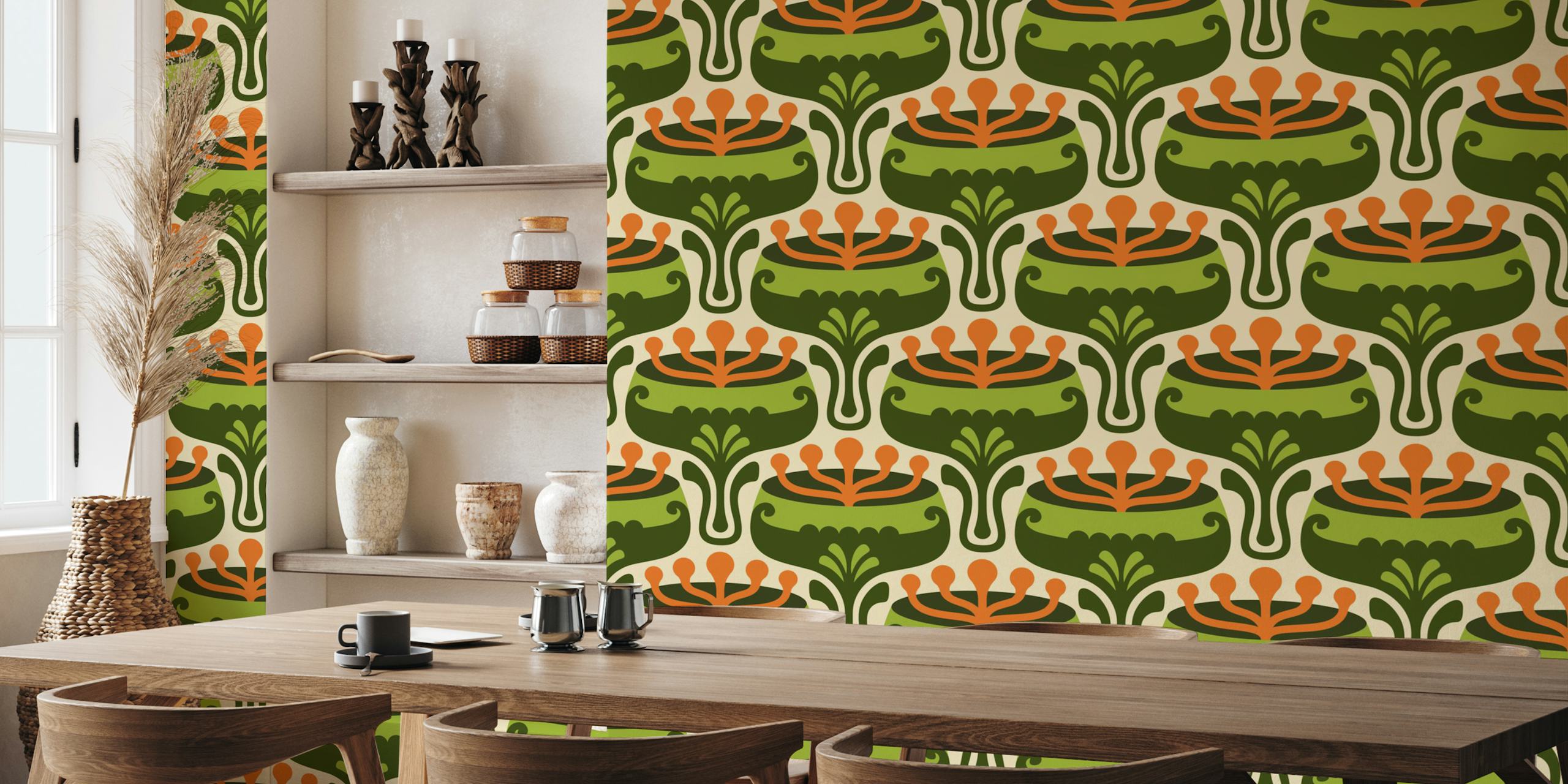 Retro floral pattern in green and orange tones wallpaper