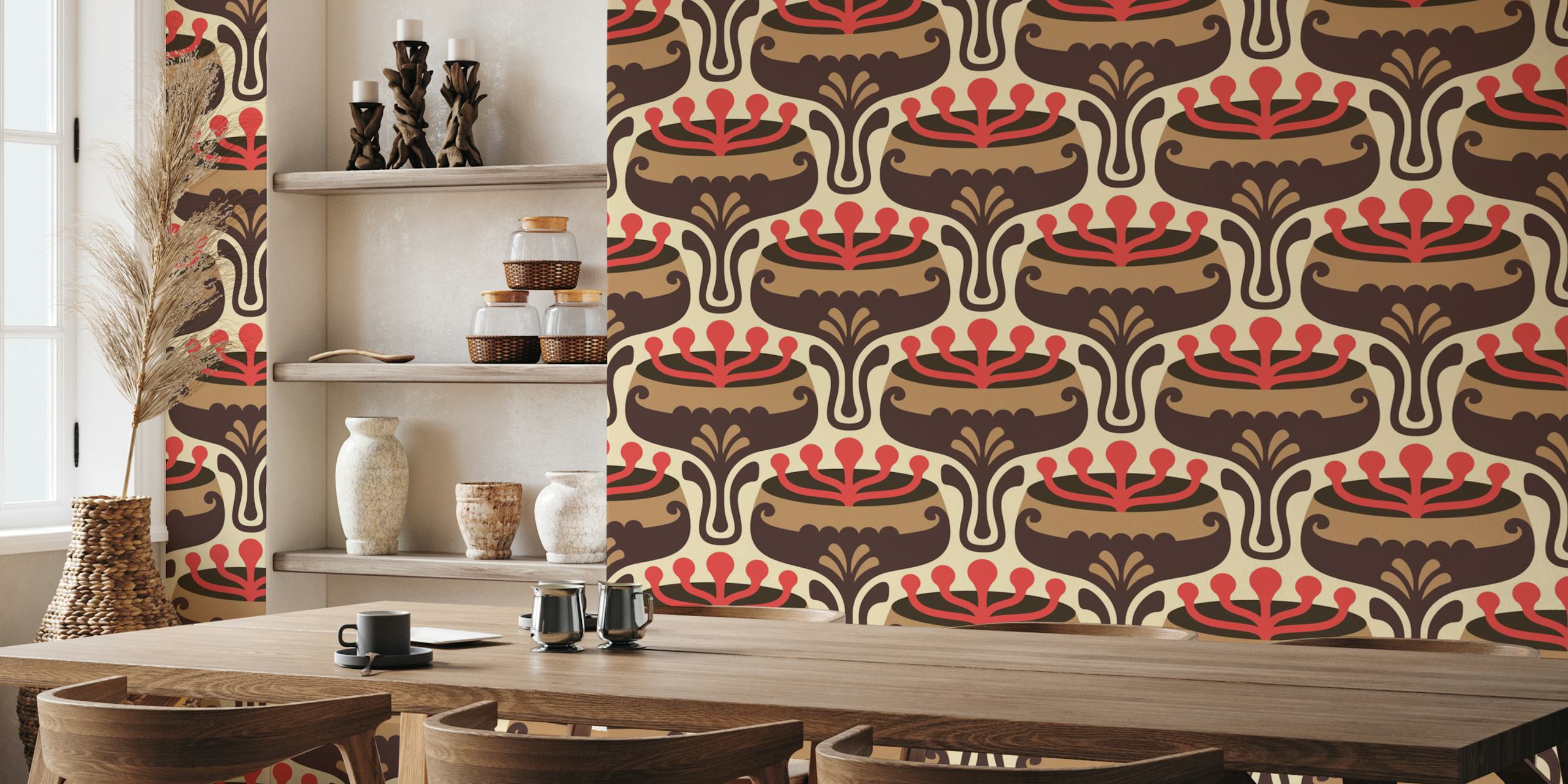Retro floral design with brown and red colors wallpaper