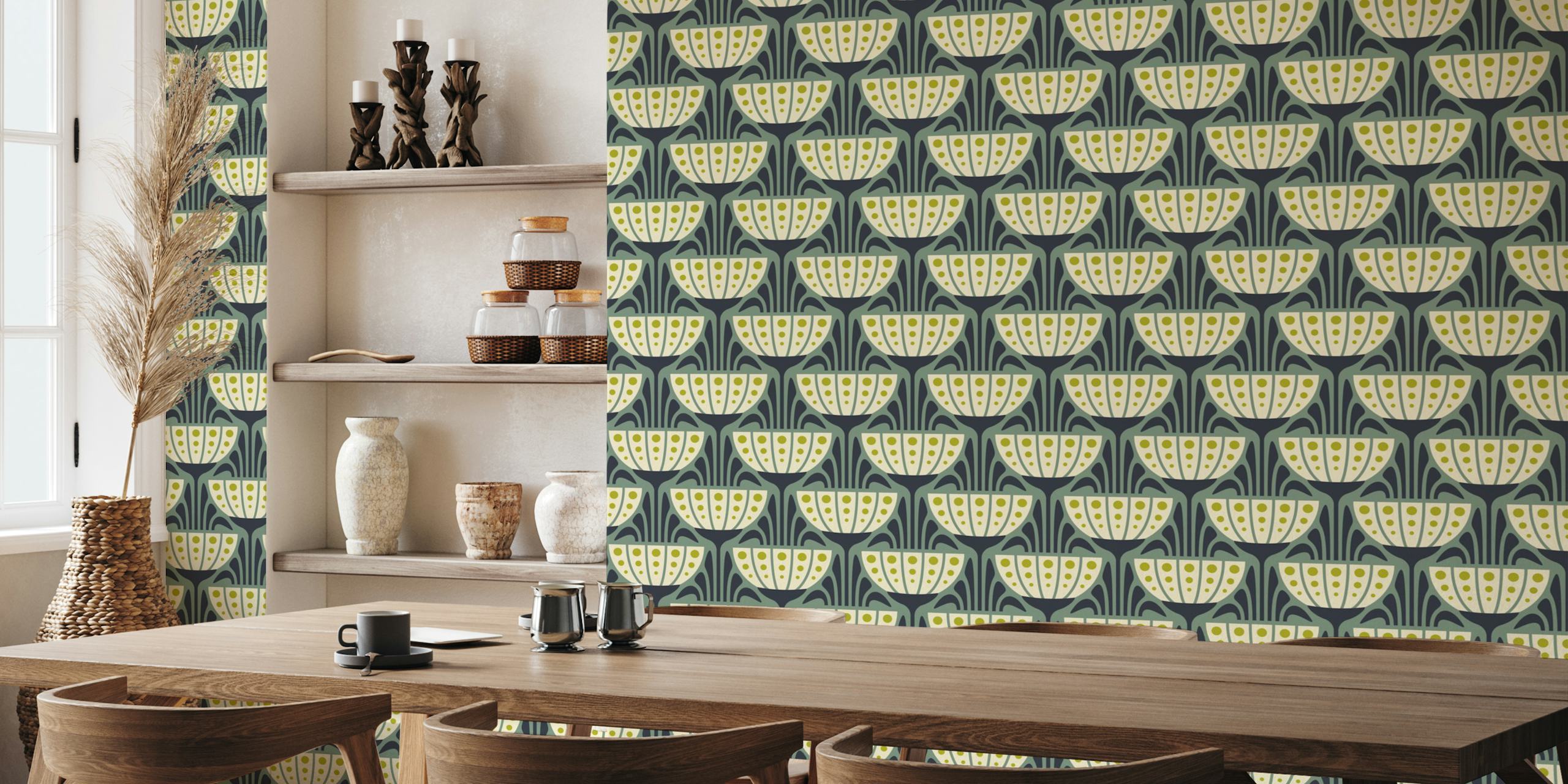 Mid-Century Blossoms in Green tapettimalli