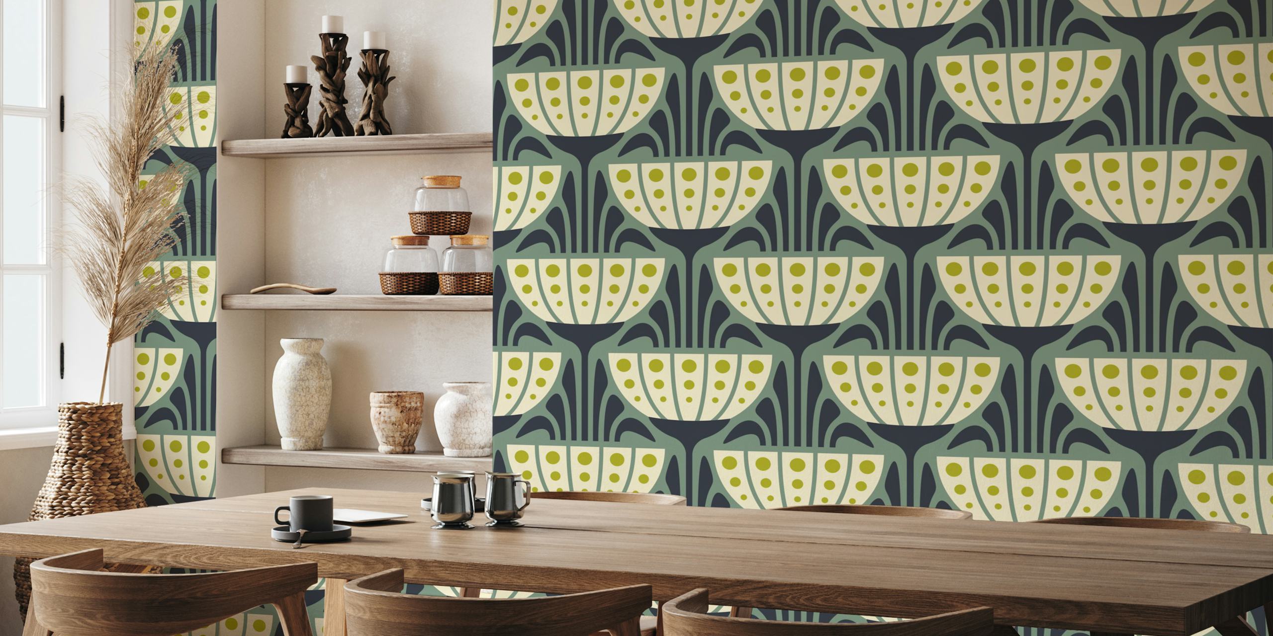 Mid-Century Blossoms in Green Tapete in einem Zimmer