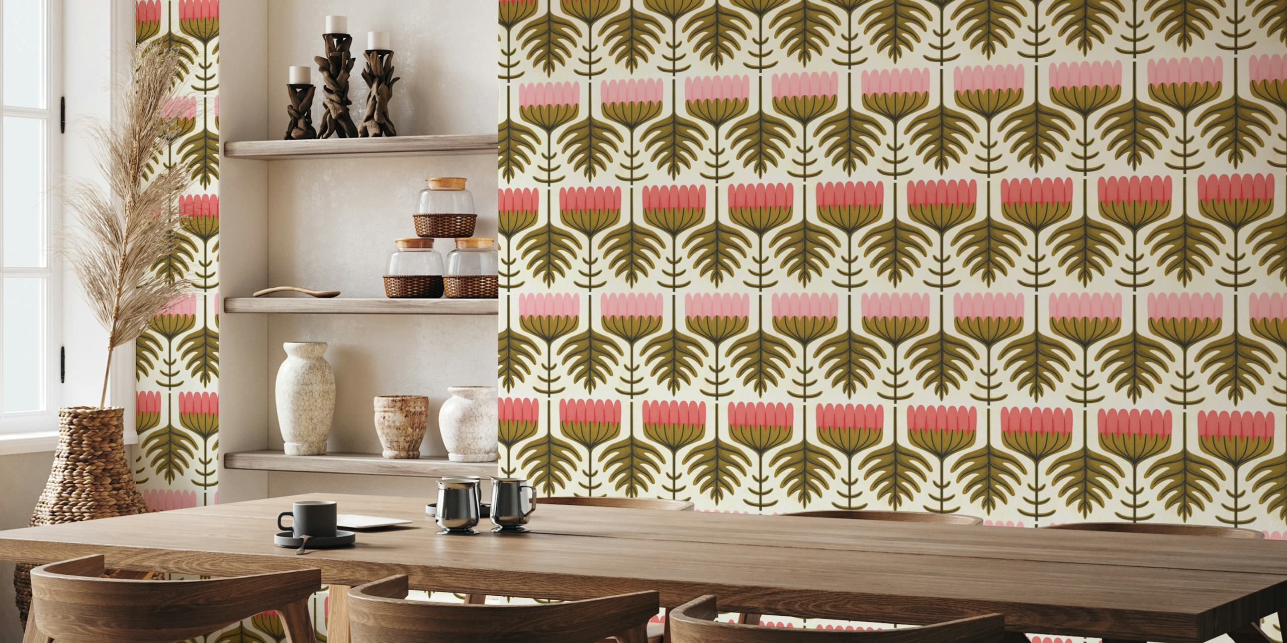 Retro pink floral wallpaper featuring bold blooms and green leaves
