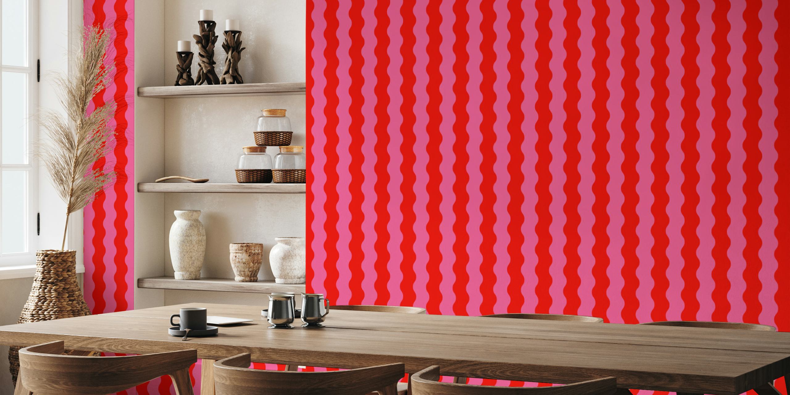 Wavy pink and red stripes wallpaper in a room