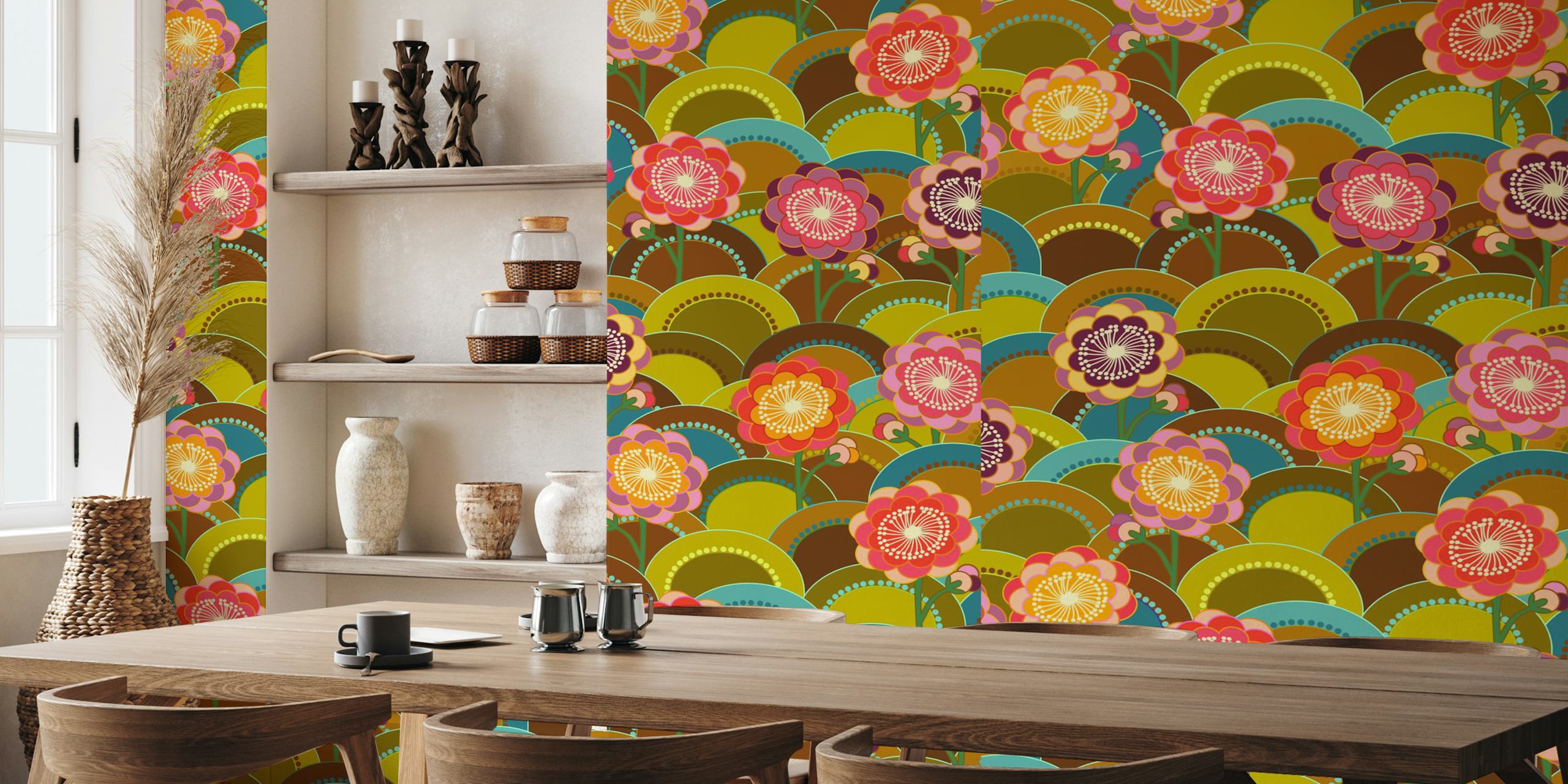 Floral statement 70s flowers buttercup wallpaper in a room