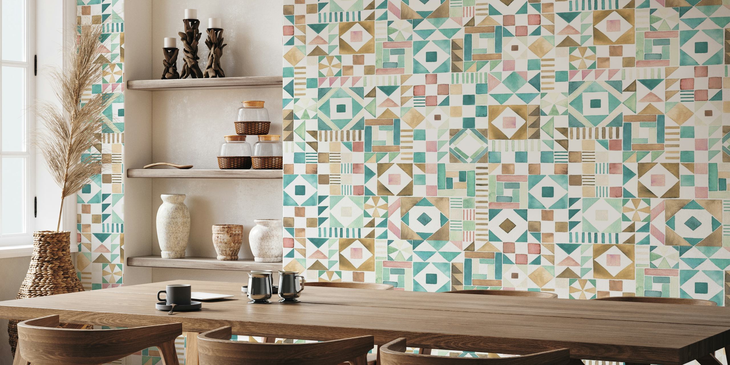 Geometric Mosaic Aqua and Blush wallpaper in a room