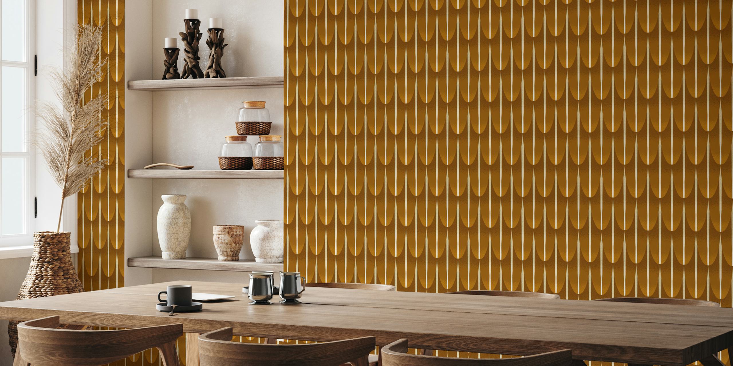 Tropical Feathers gold wallpaper in a room